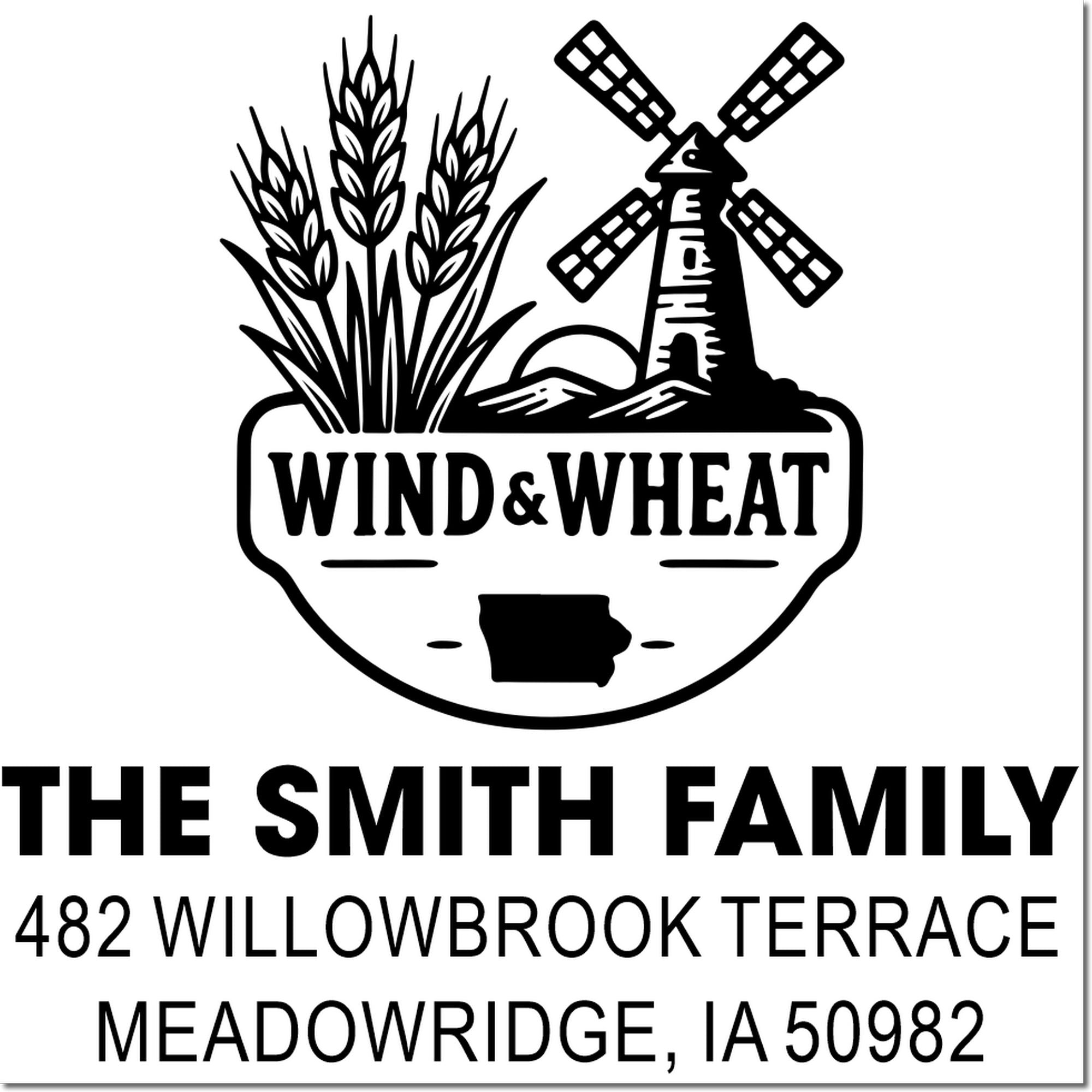 Custom farmhouse return address rubber stamp design for The Smith Family, 482 Willowbrook Terrace, Meadowridge, IA 50982.