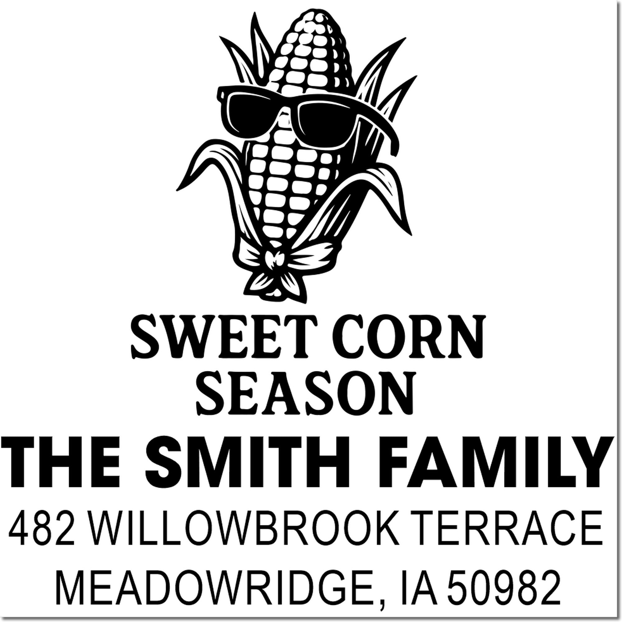Custom Sweet Corn Season rubber stamp for The Smith Family, featuring a personalized Meadowridge, IA address.