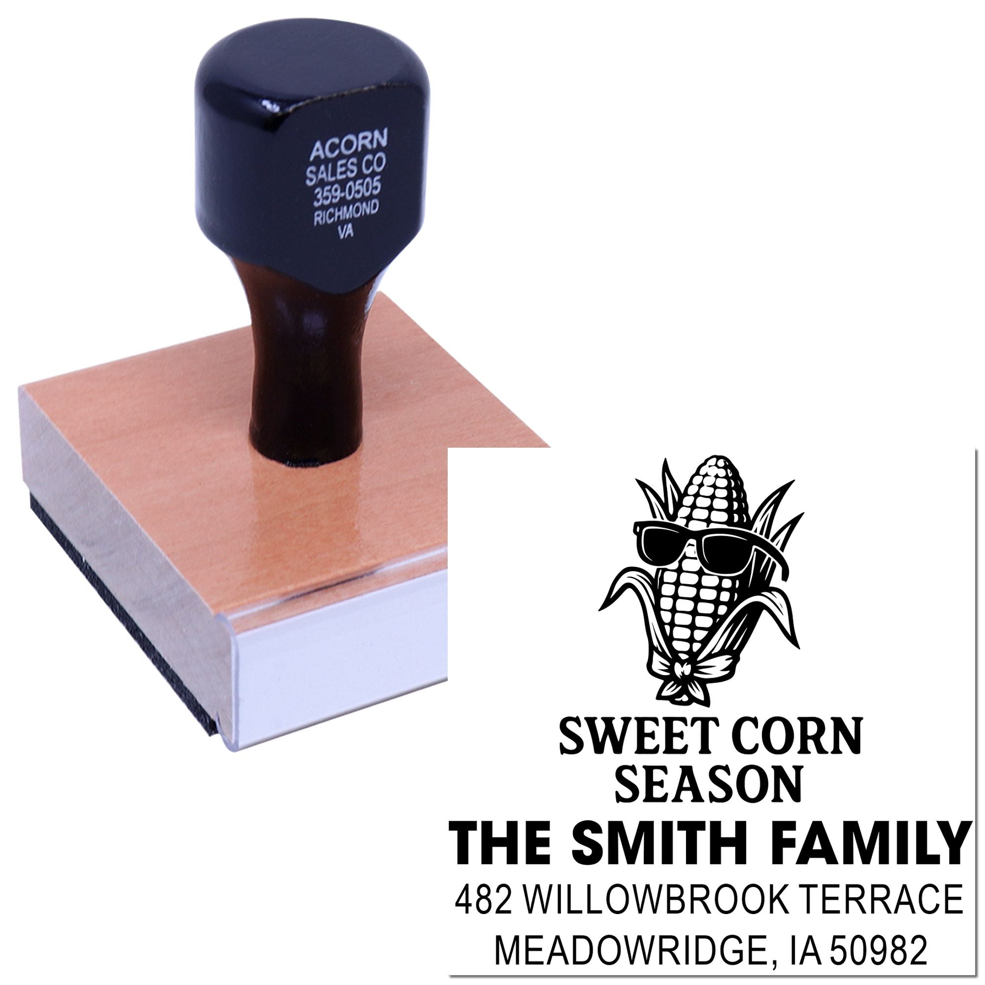 Personalized rubber stamp featuring sweet corn season graphic and return address for farm labels, packaging, or mail.