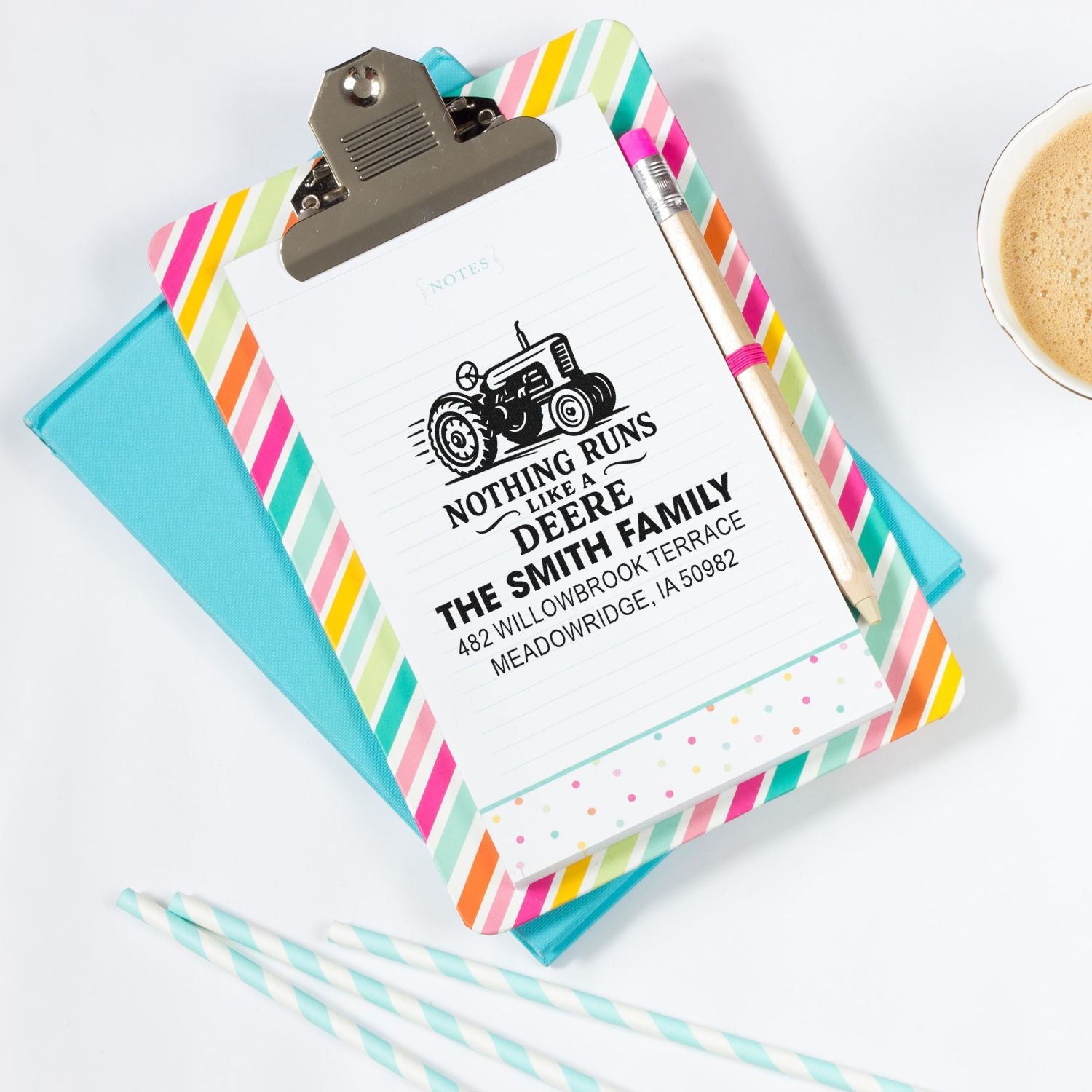 Custom rubber address stamp with tractor design for The Smith Family stationery and notes
