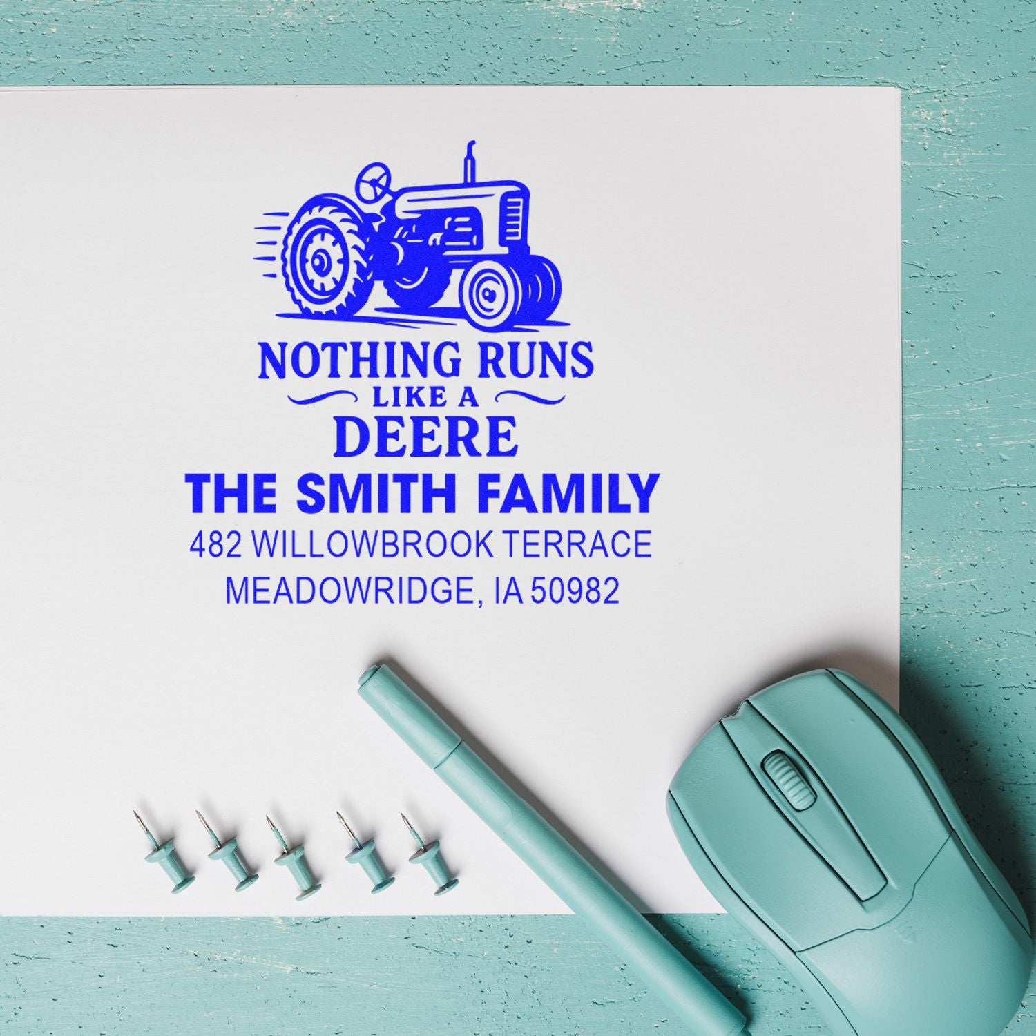 Personalized address rubber stamp with tractor graphic and Nothing Runs Like a Deere family return address.