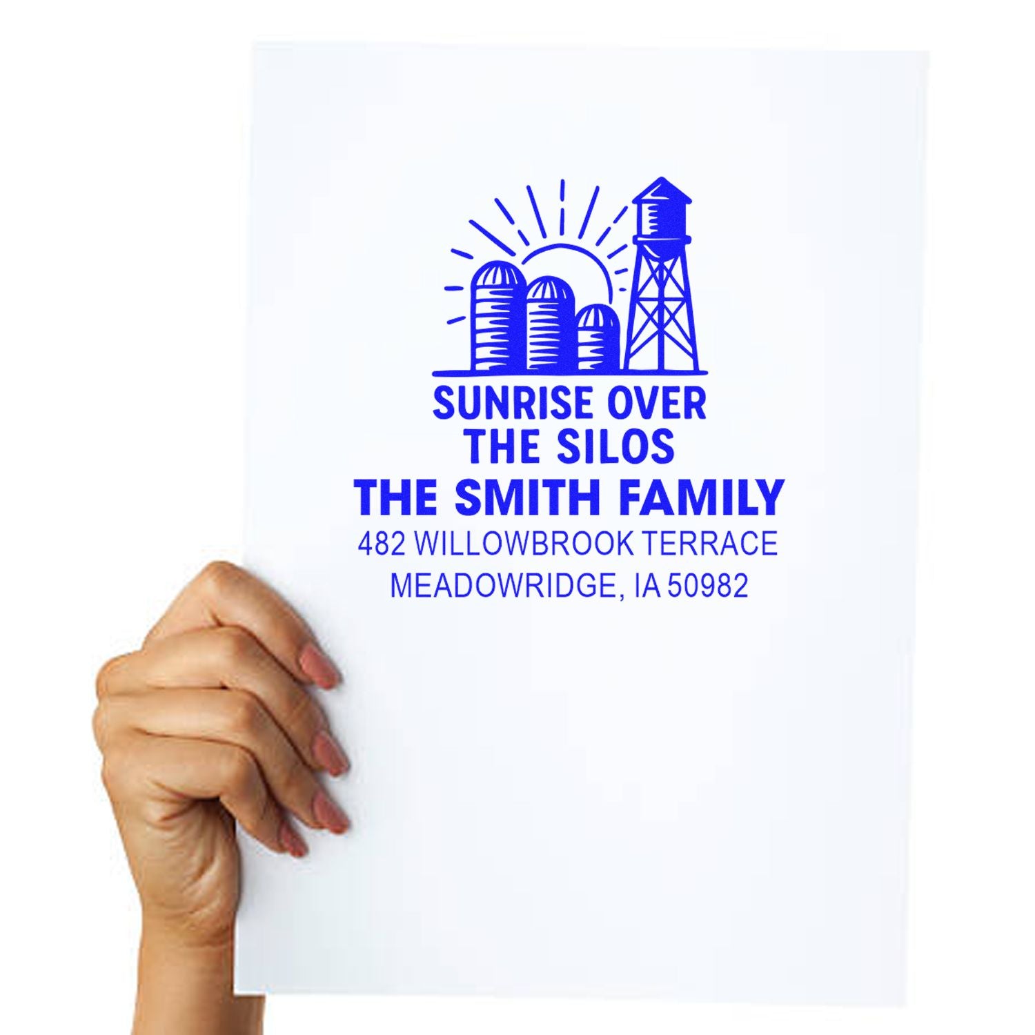 Custom farm family address rubber stamp with silo sunrise logo and return address for The Smith Family.