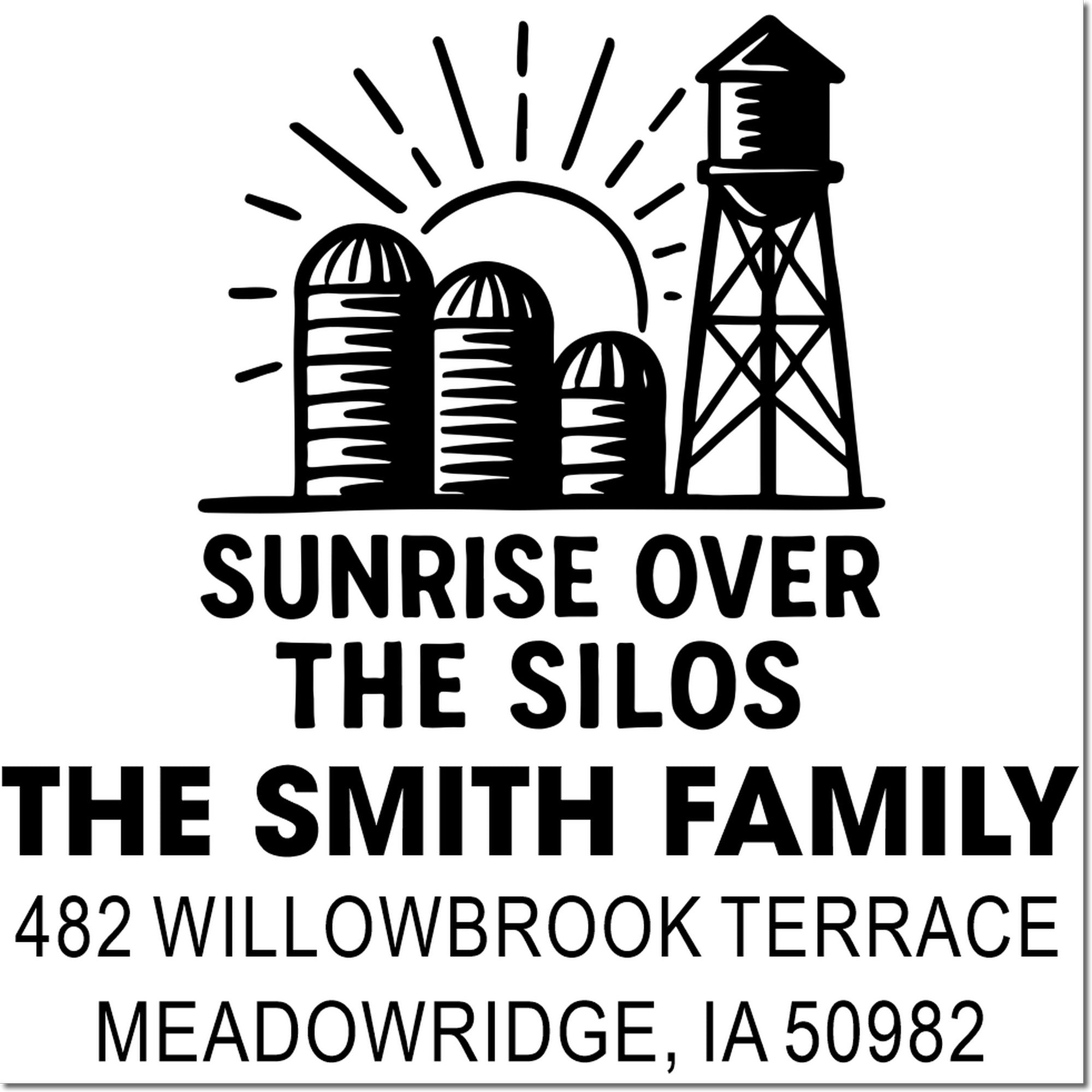 Custom farm address rubber stamp with silos, water tower and Sunrise Over the Silos by The Smith Family, Meadowridge, IA.