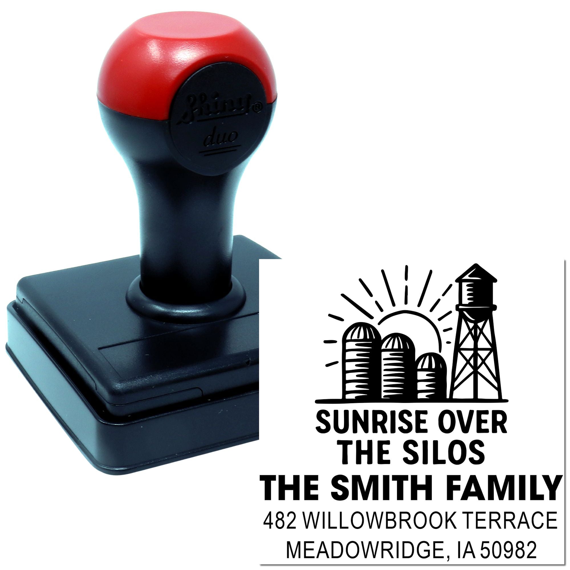 Custom self-inking rubber address stamp with sunrise over silos design for The Smith Family, Meadowridge, IA 50982.