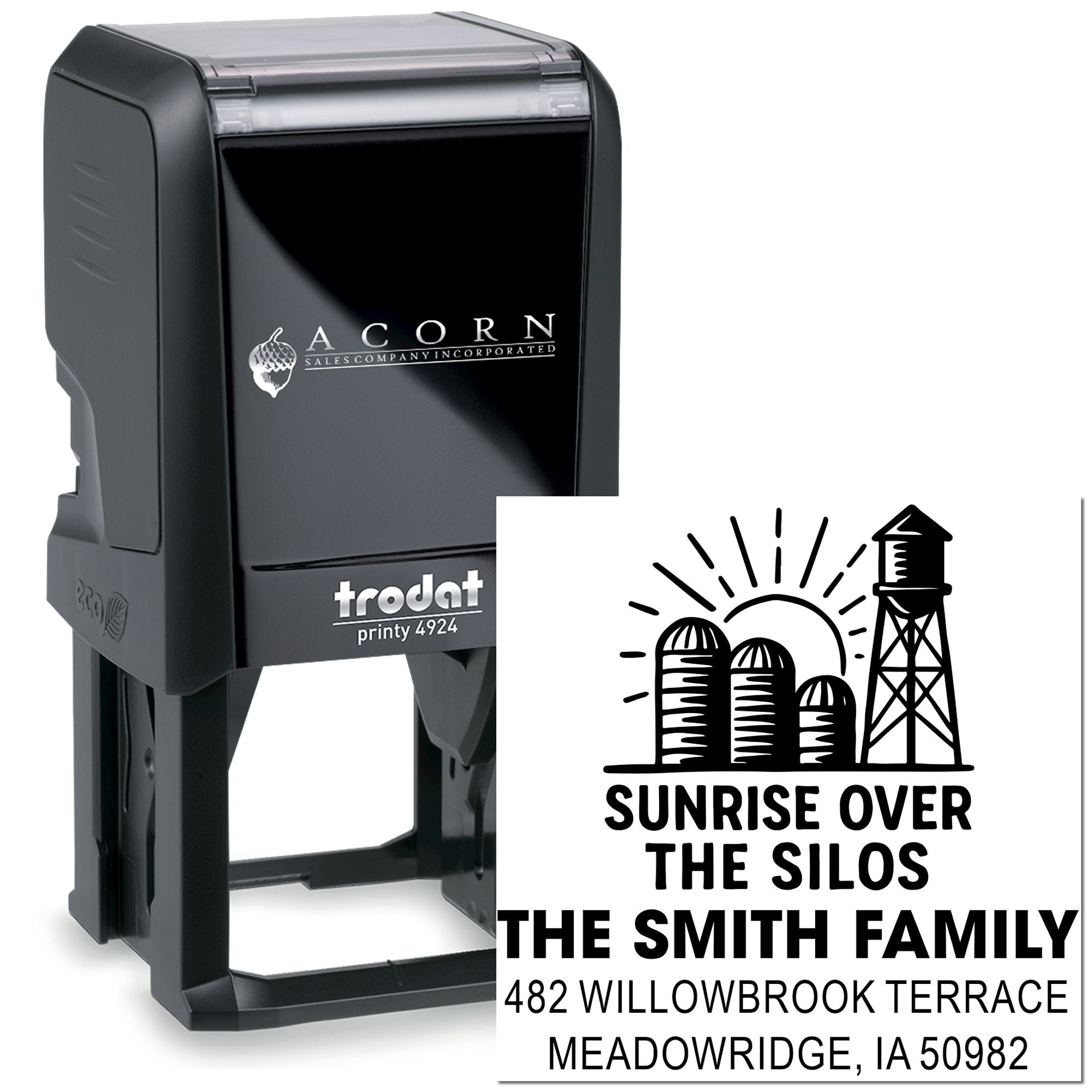 Trodat Printy 4924 custom self-inking rubber stamp with farm silo logo and family address for personalized mailing