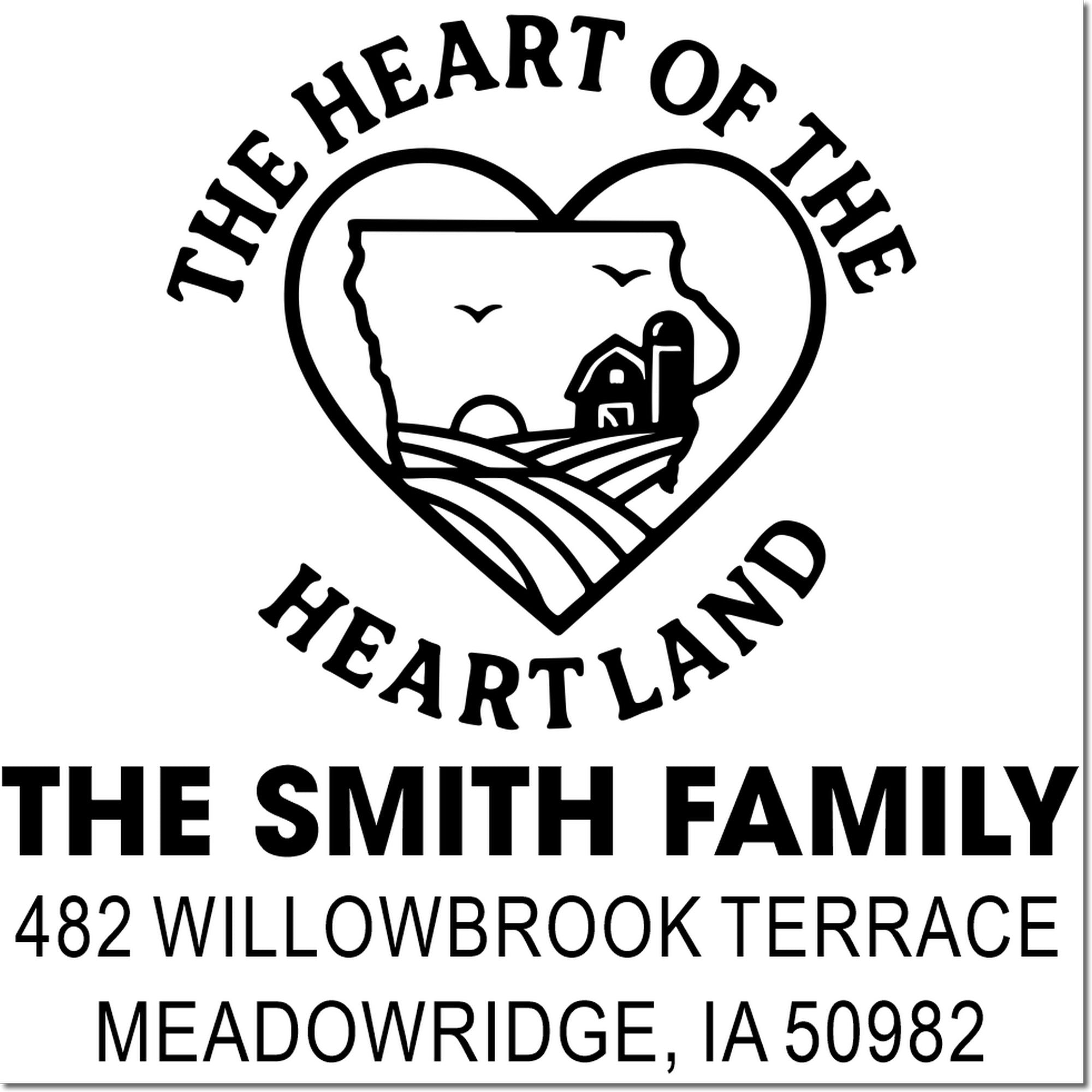 Custom address rubber stamp for The Smith Family with heart-shaped farm logo and Meadowridge, IA 50982.