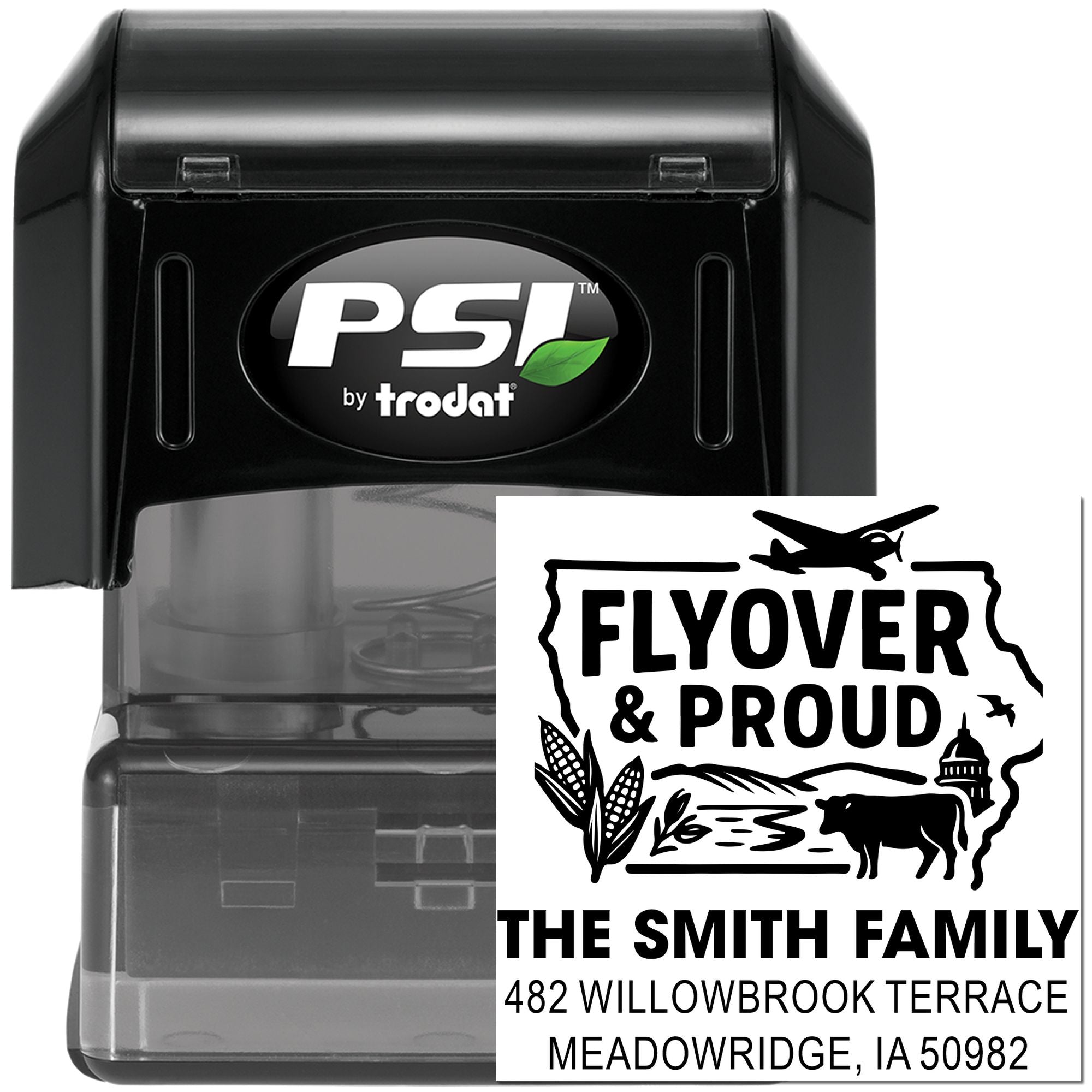 PSI by Trodat custom self-inking address rubber stamp featuring Flyover & Proud family design