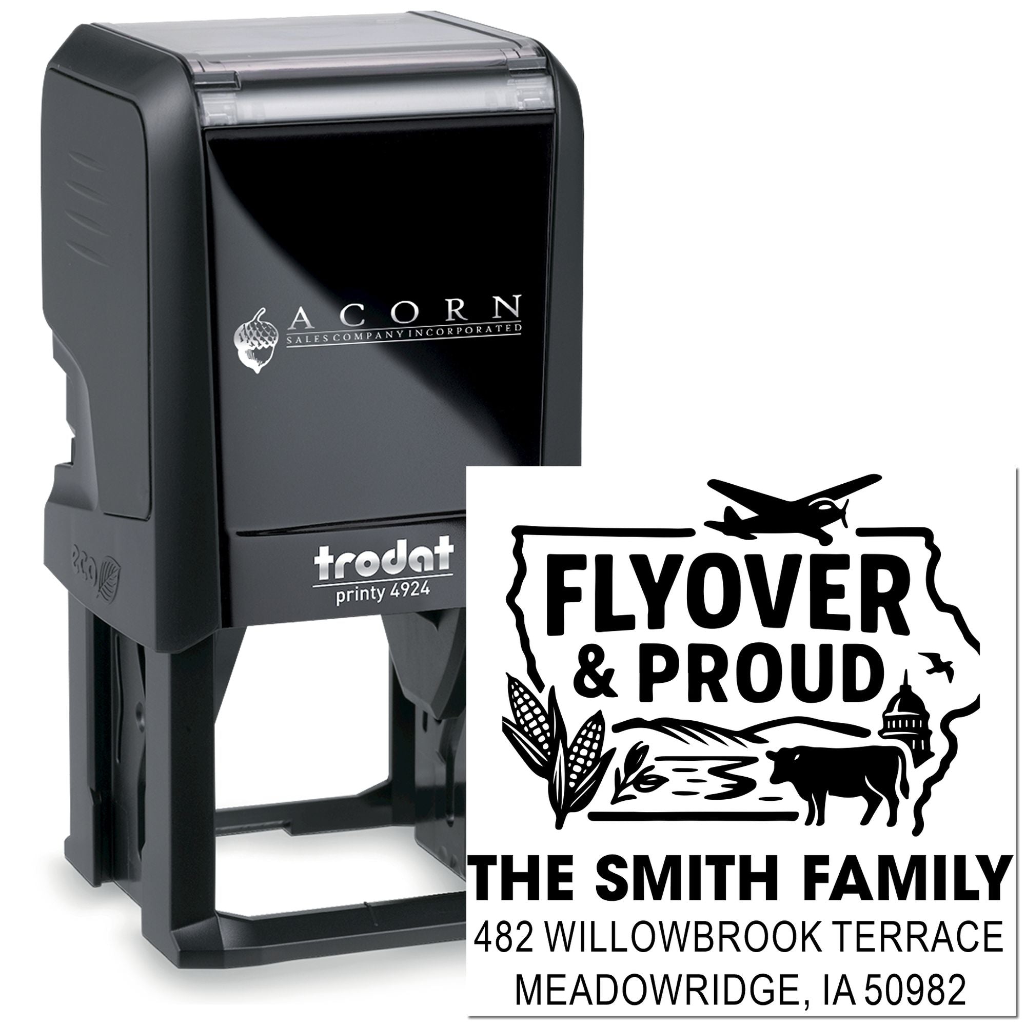 Custom self-inking rubber stamp with Flyover & Proud family address design, ideal for personalized return address stamping.