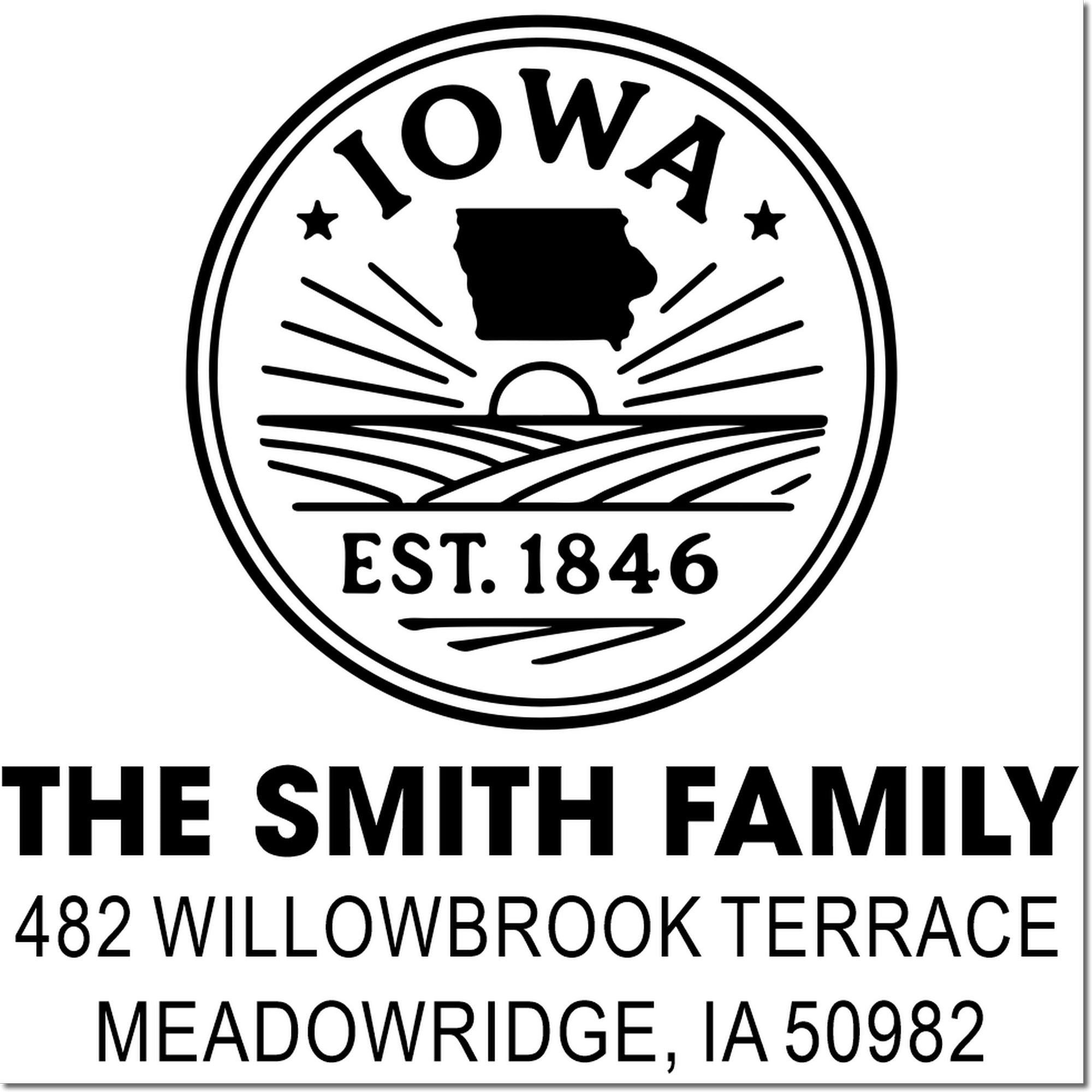 Personalized Iowa family address rubber stamp with state logo, The Smith Family, 482 Willowbrook Terrace, Meadowridge, IA 50982
