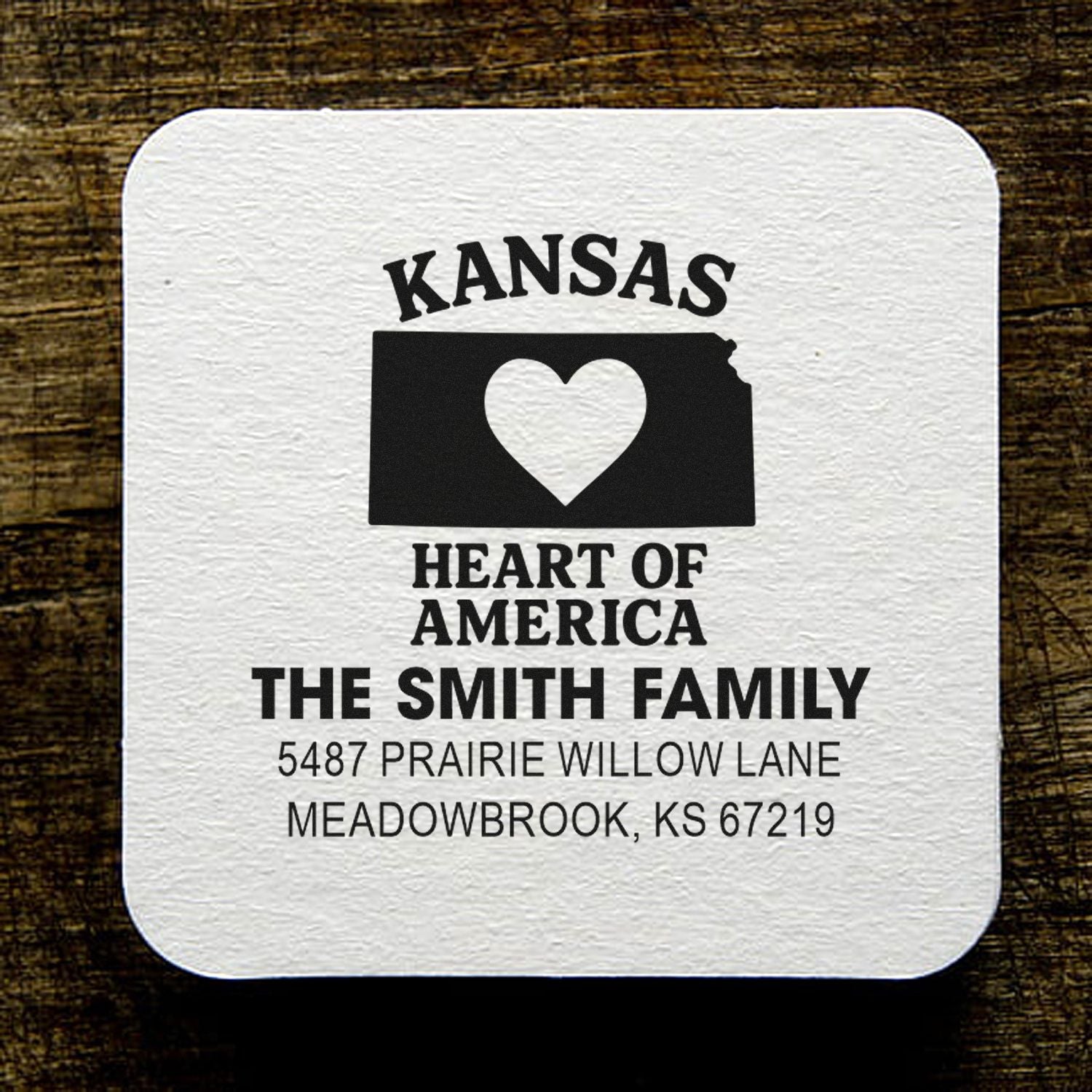 Custom Kansas heart of America return address rubber stamp for The Smith Family, featuring personalized Meadowbrook, KS address.