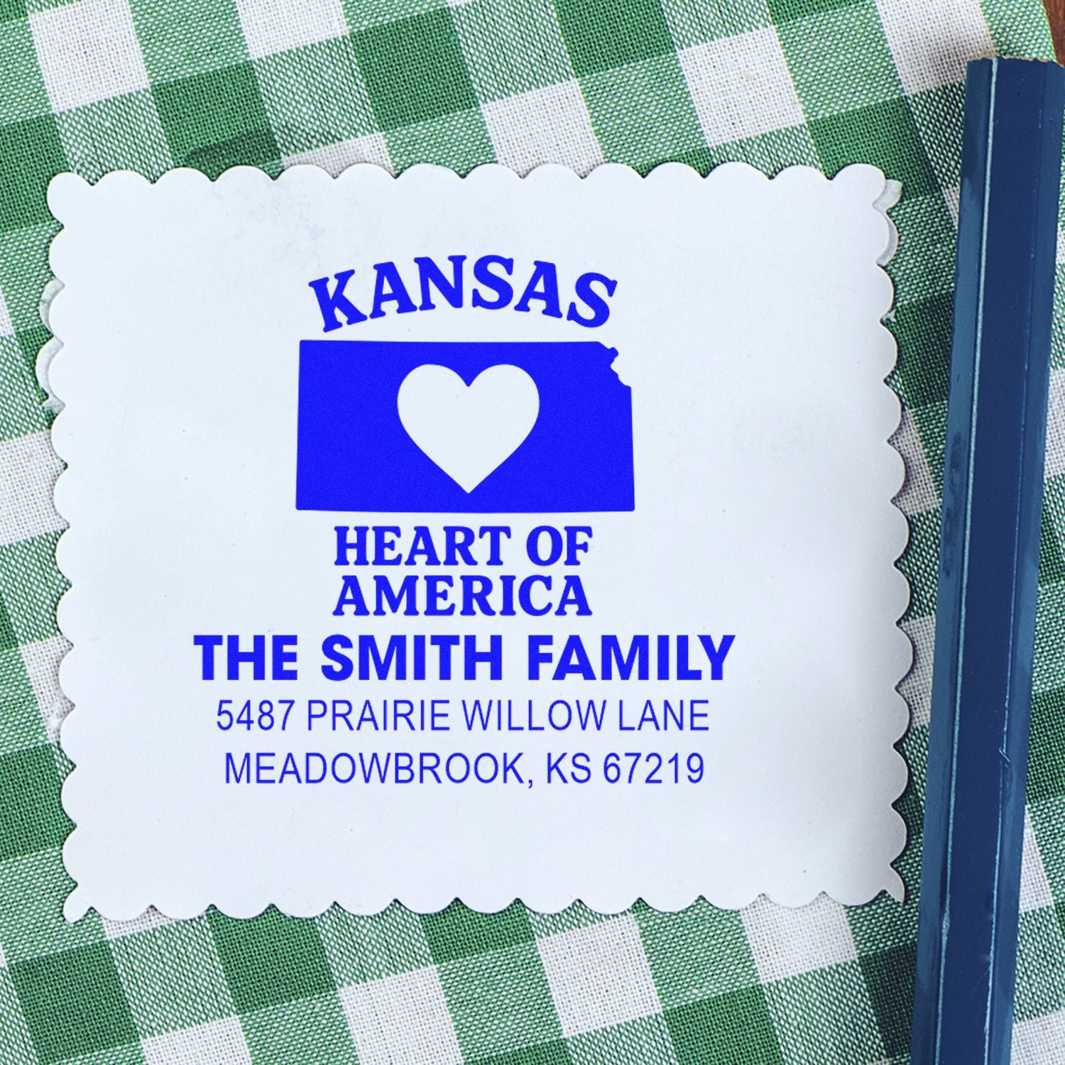 Custom Kansas return address rubber stamp for The Smith Family, Heart of America design.