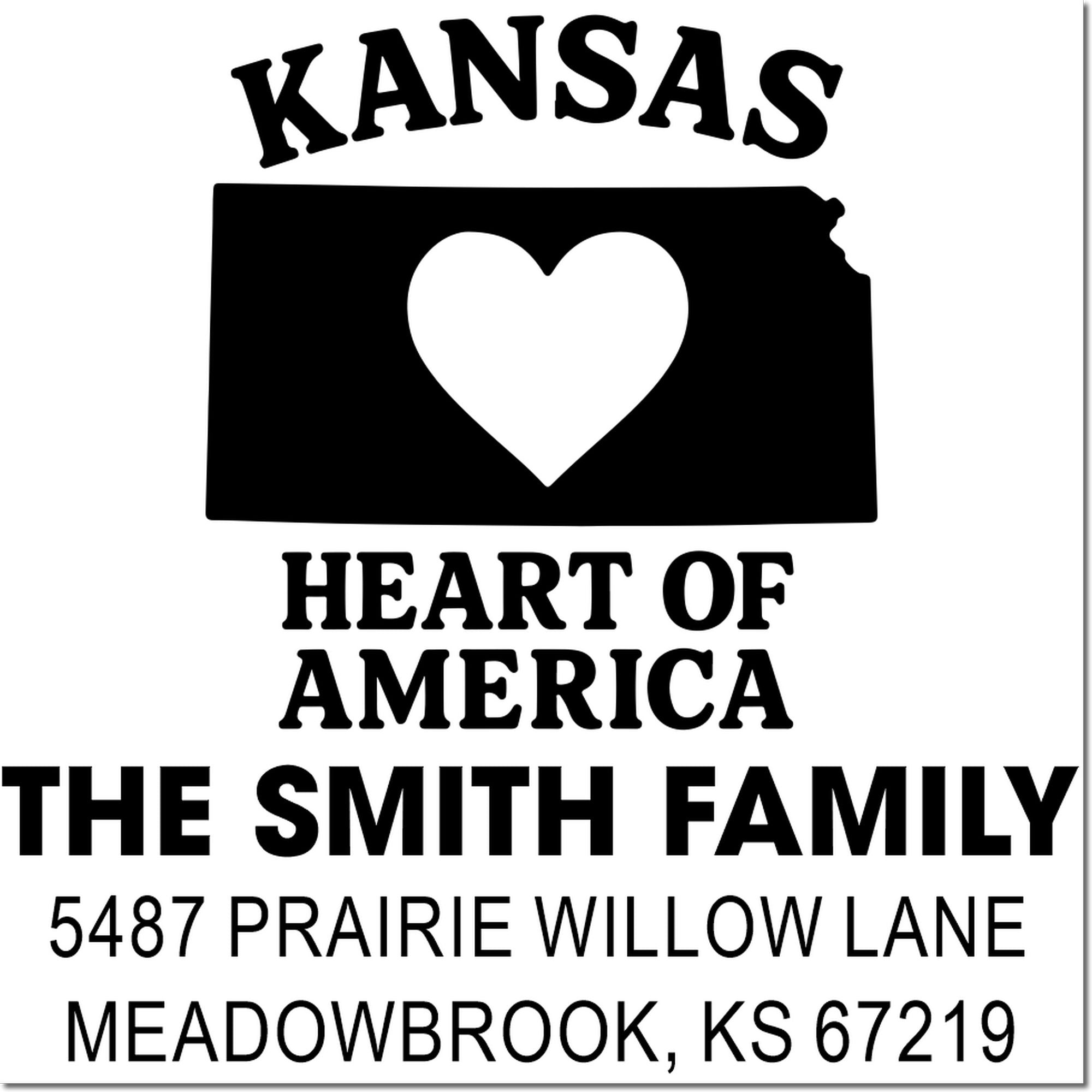 Kansas heart state return address rubber stamp for The Smith Family, Meadowbrook, KS 67219