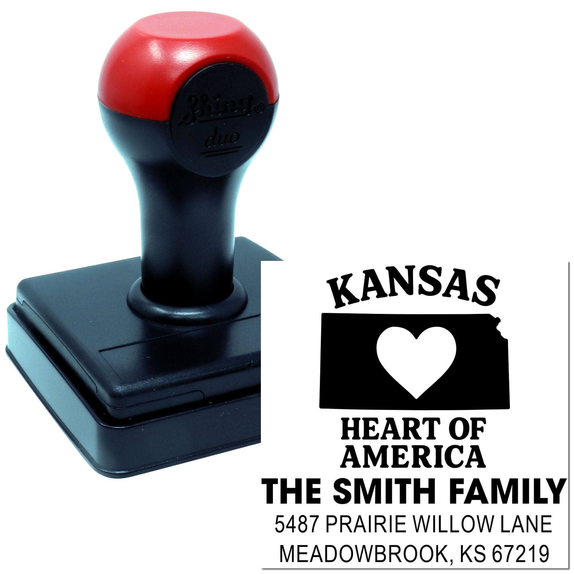 Custom Kansas address rubber stamp with heart design and The Smith Family return mailing imprint.
