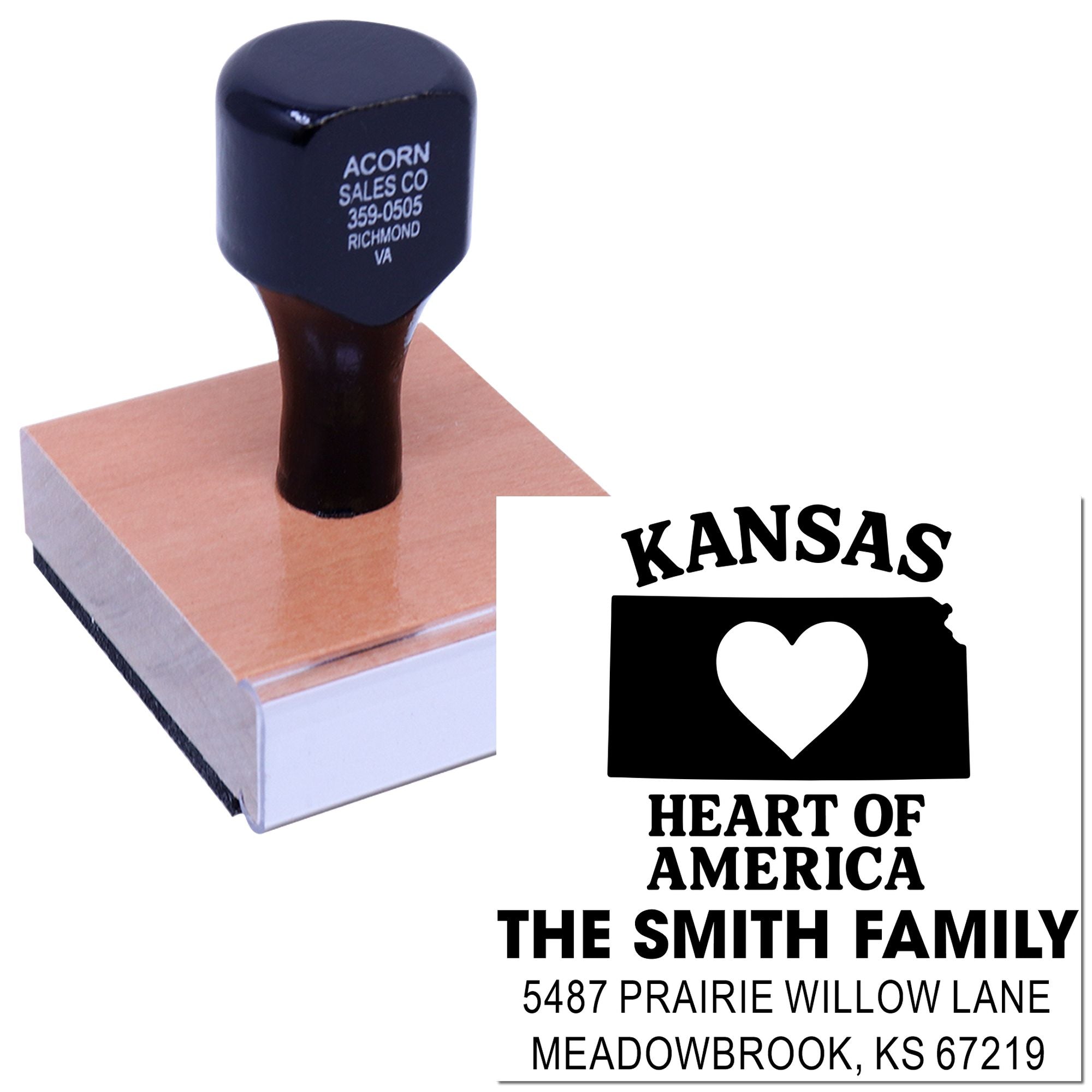 Custom Kansas Heart of America address rubber stamp for family mailings, envelopes, and personalized correspondence.