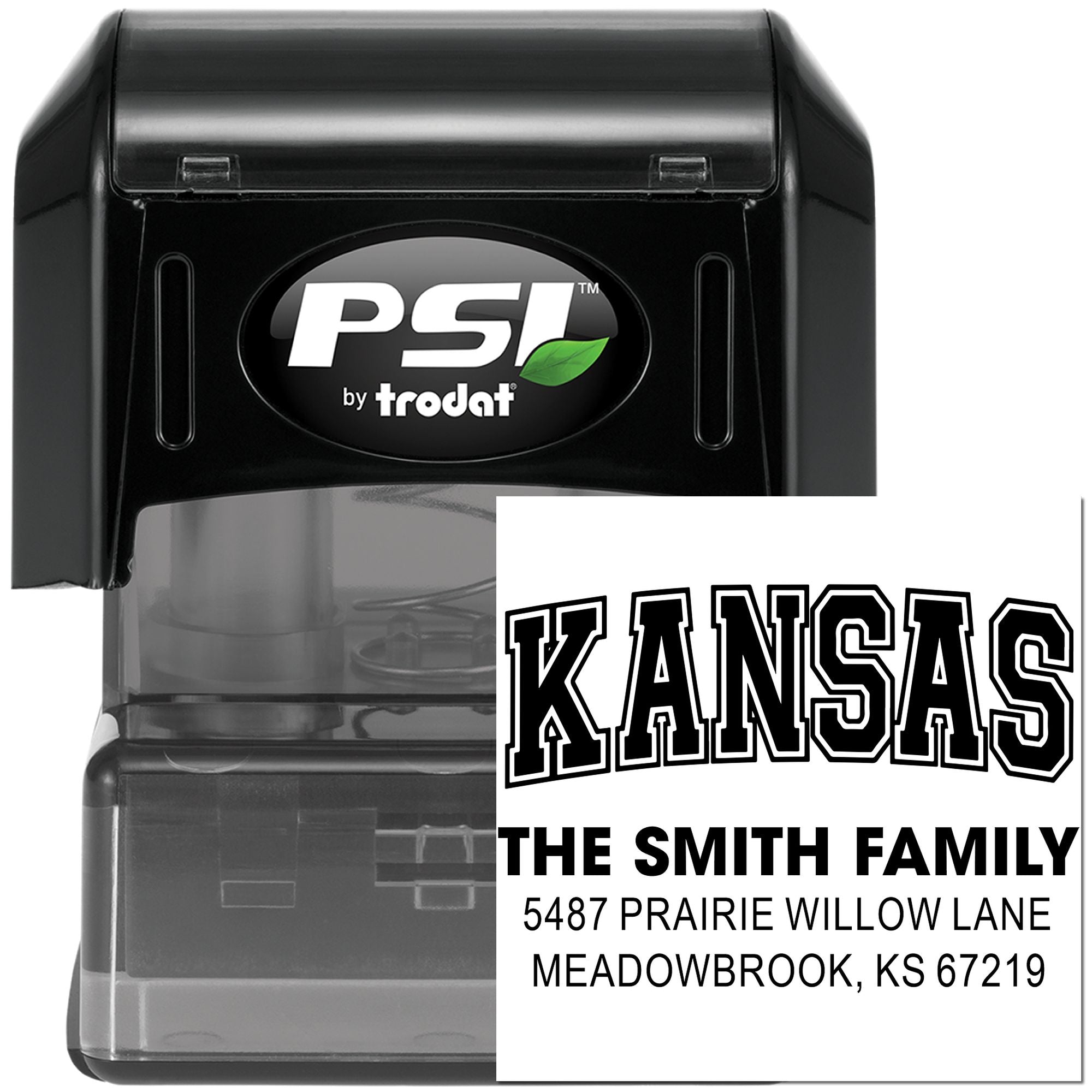Custom self-inking return address stamp with Kansas family name and address, PSI by Trodat rubber stamp.