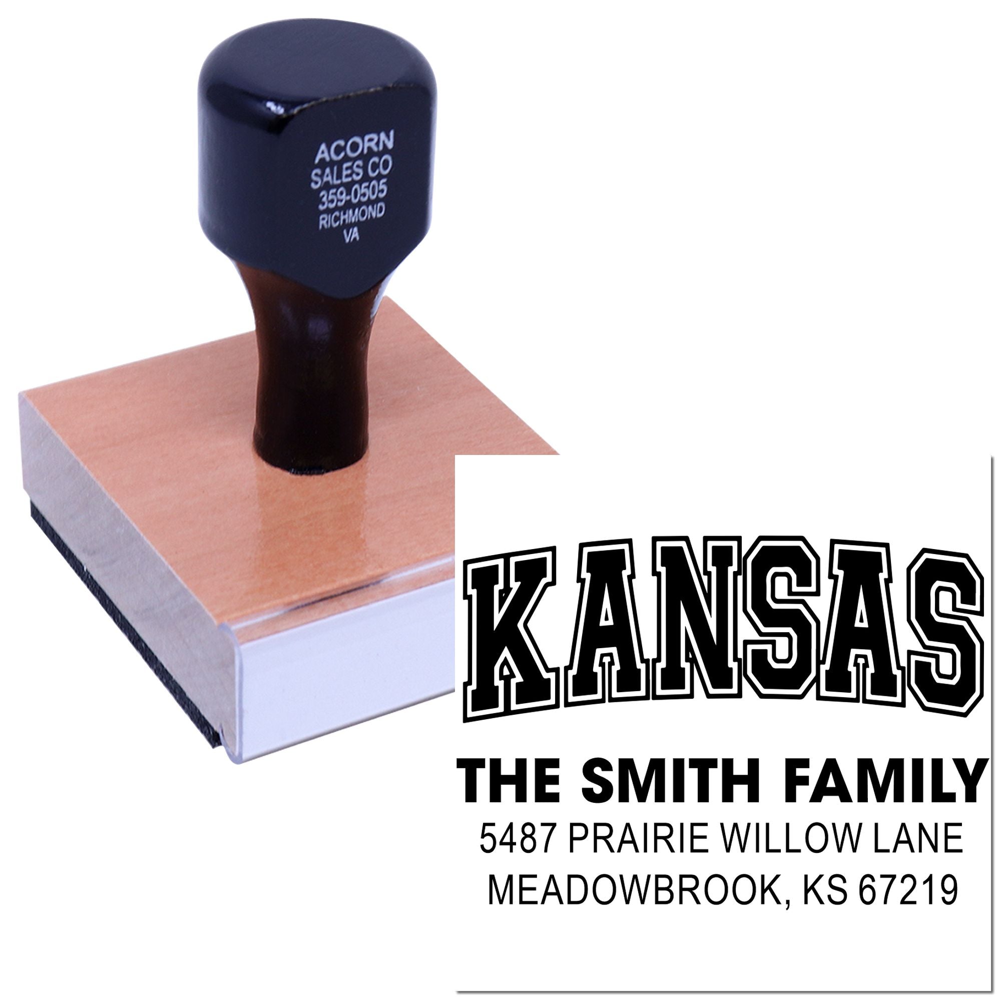 Custom family address rubber stamp with personalized Kansas return address for envelopes and mailings.
