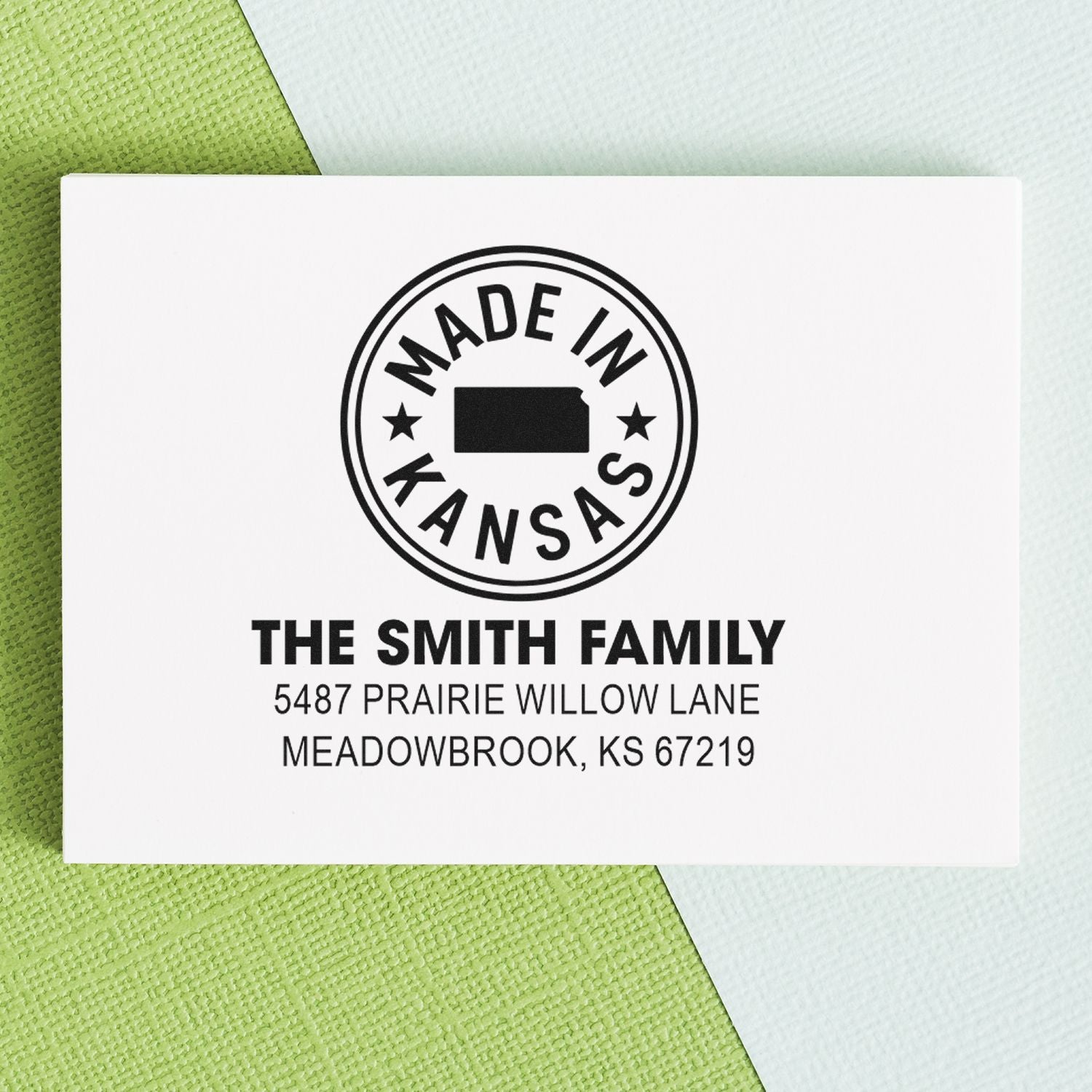 Custom rubber stamp with Made in Kansas seal and Smith family return address for personalized mailing