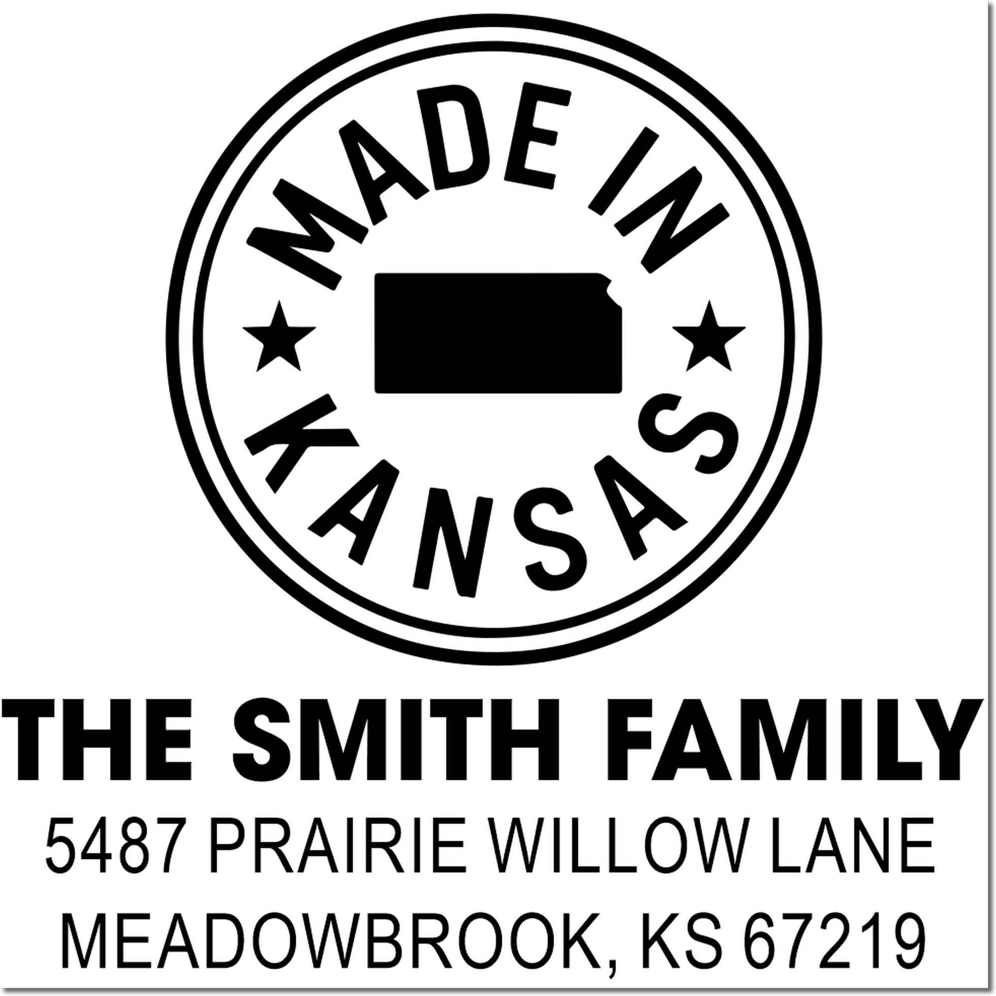 Custom return address rubber stamp with Made in Kansas design for The Smith Family, 5487 Prairie Willow Lane, Meadowbrook, KS 67219.