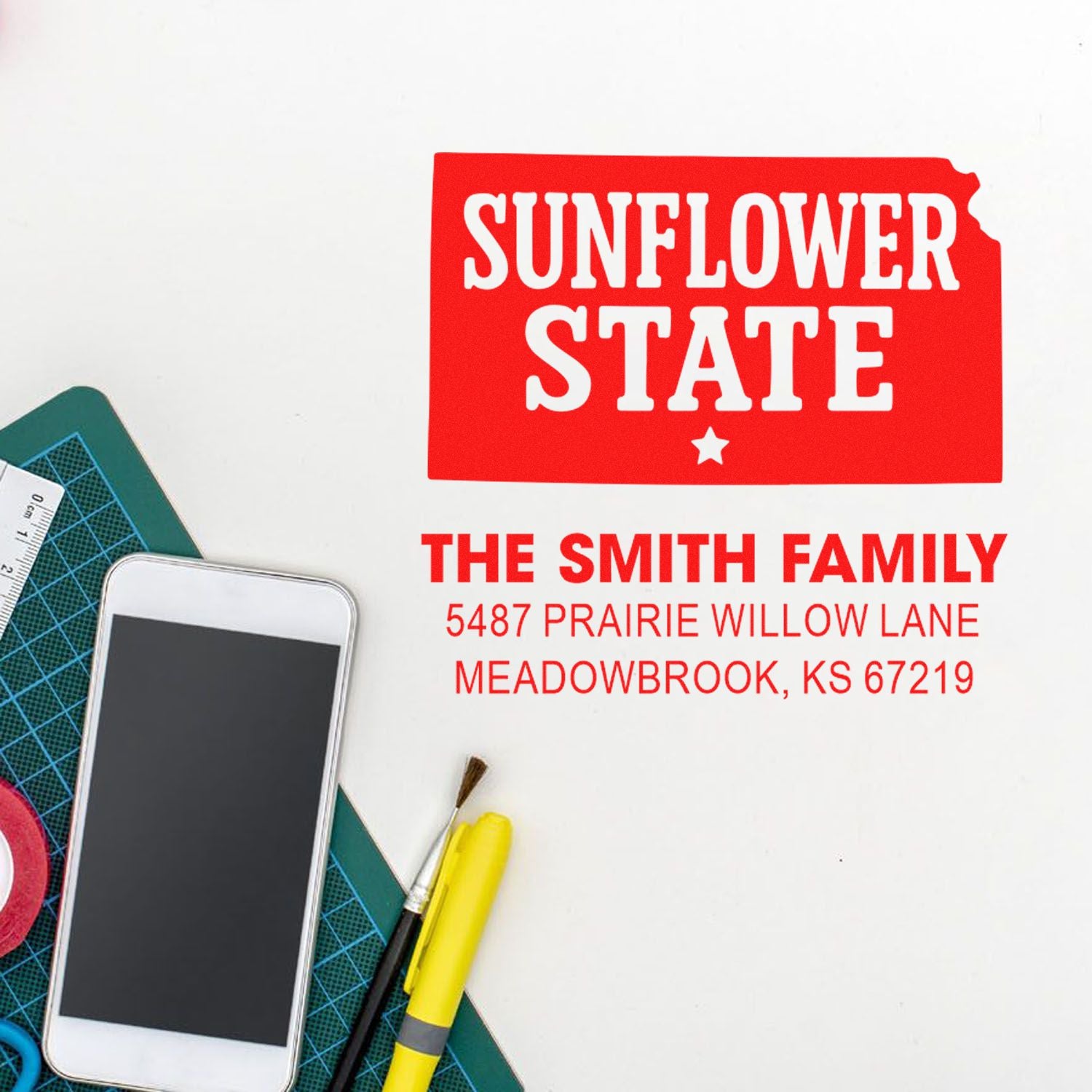 Personalized return address rubber stamp for the Smith family, Sunflower State Kansas, for mail, invitations and crafts.