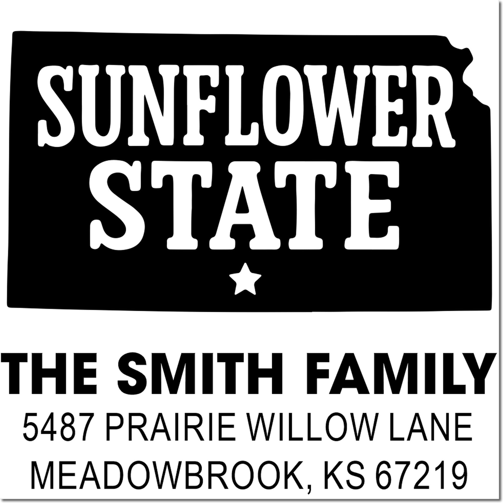Custom Kansas family address rubber stamp with Sunflower State design for The Smith Family, Meadowbrook, KS return address.