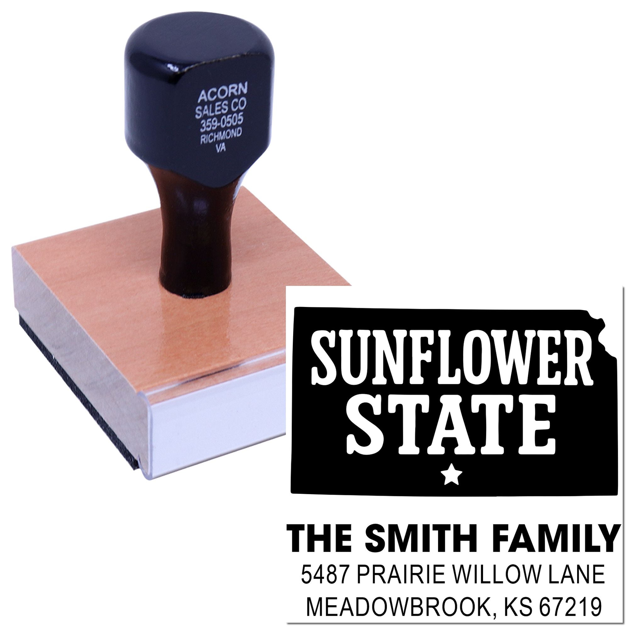 Personalized Kansas return address rubber stamp with Sunflower State design for envelopes and mail.
