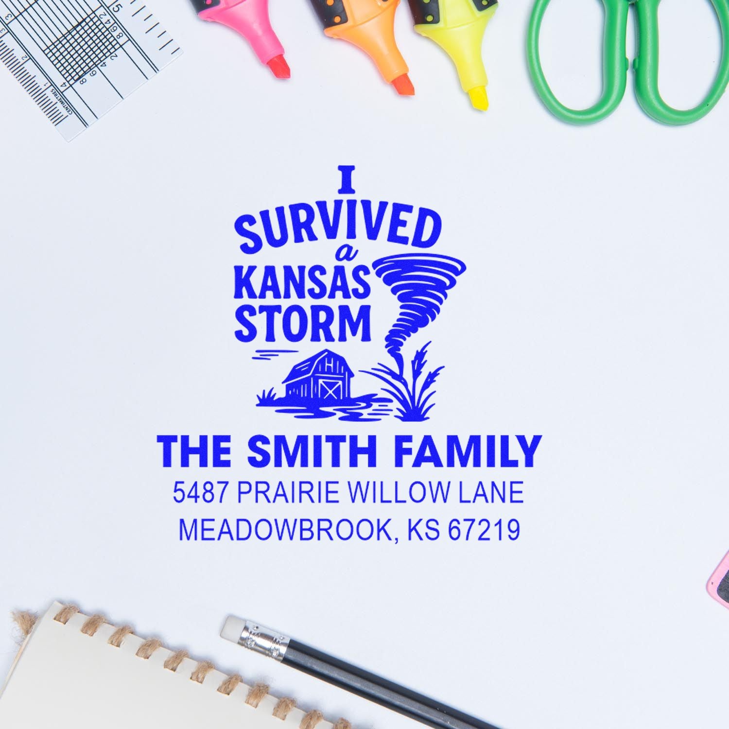 Personalized rubber stamp with tornado graphic, I Survived a Kansas Storm, and Smith family address for Meadowbrook, KS.