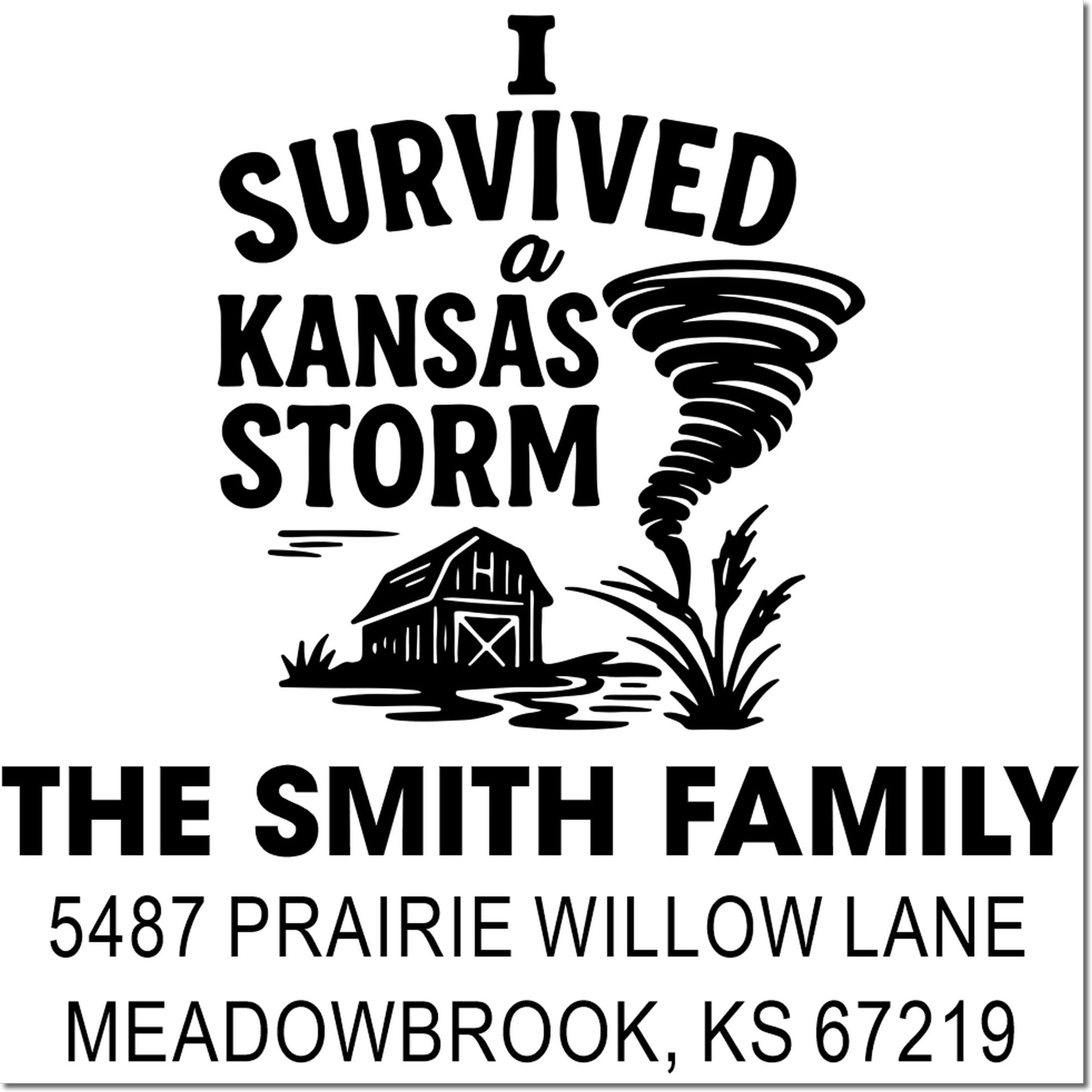Custom Kansas storm rubber stamp with tornado graphic, family name, and address for personalized mailings.