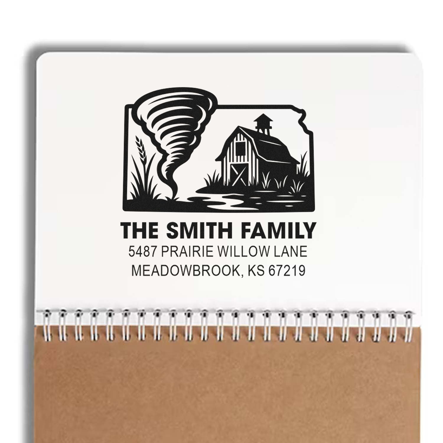 Custom return address rubber stamp featuring Kansas barn, tornado, and family name for farmhouse mailing.