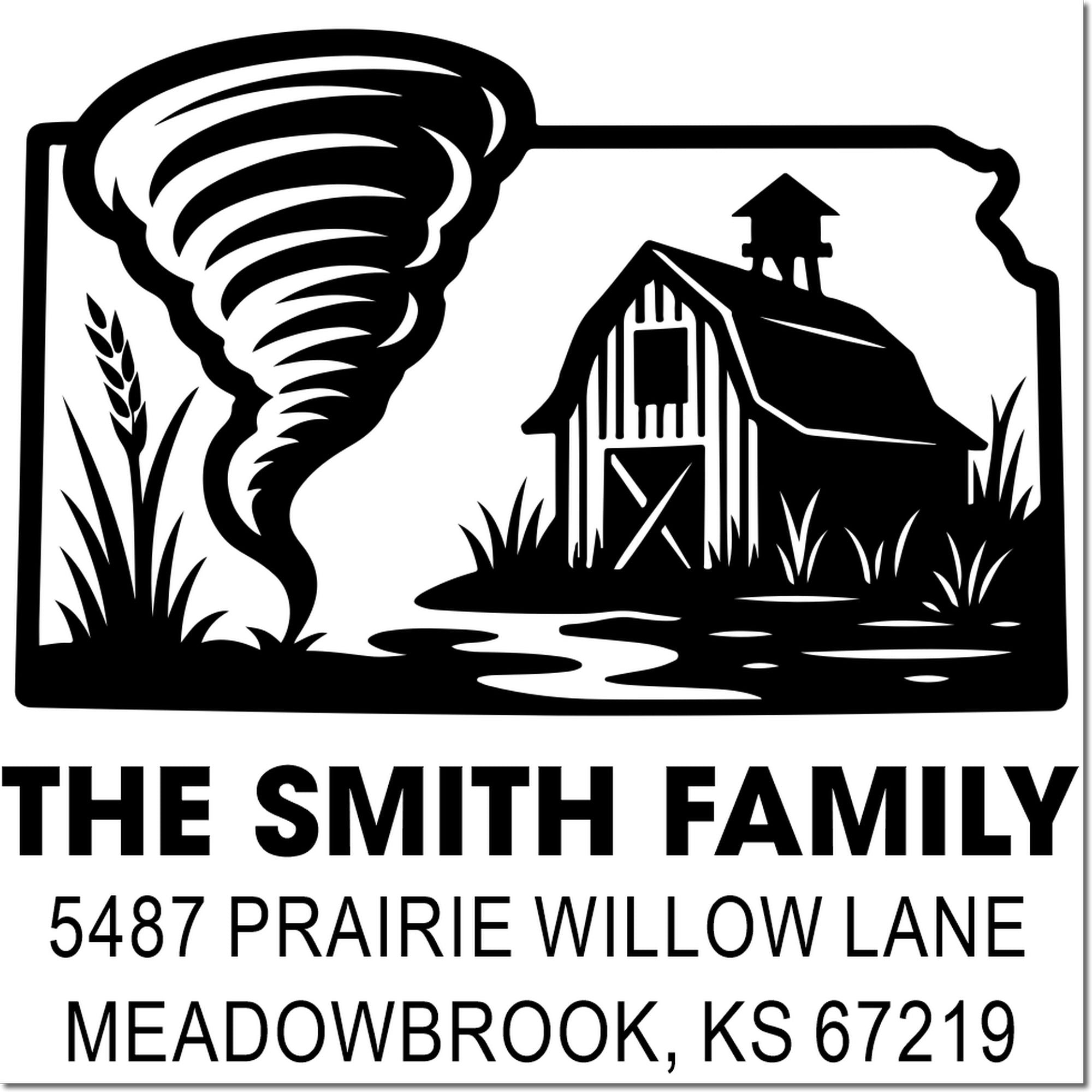 Personalized farmhouse address rubber stamp with tornado barn design for The Smith Family, Meadowbrook KS