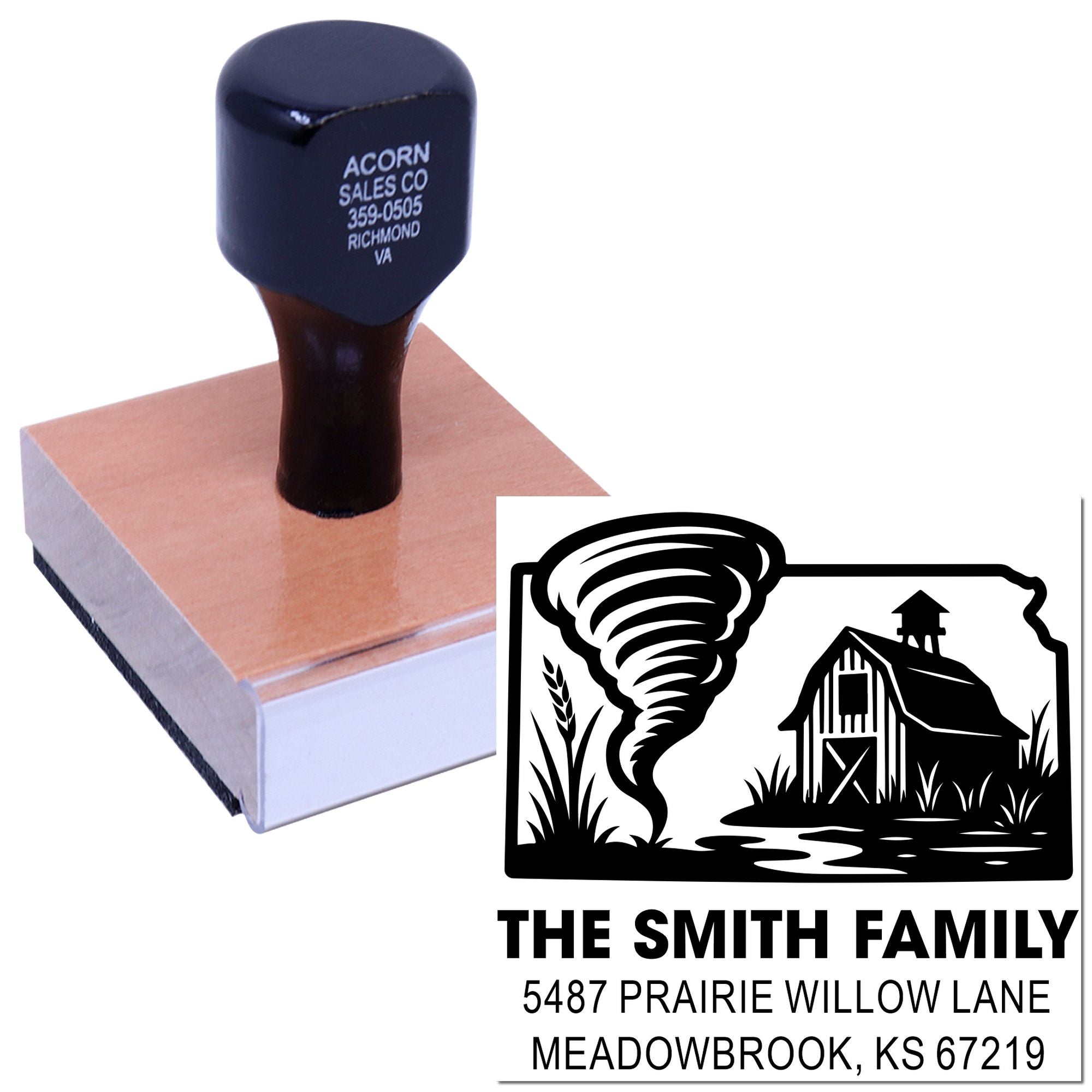 Custom rubber return address stamp with farm tornado design for The Smith Family, ideal for personalized mailing and correspondence.