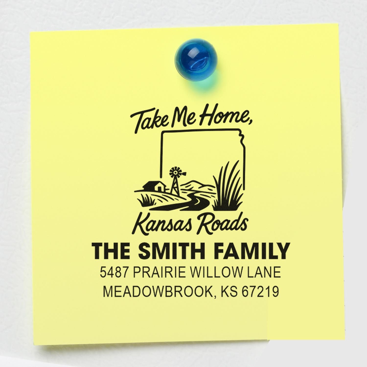 Custom return address rubber stamp with Kansas Roads design and The Smith Family mailing address.