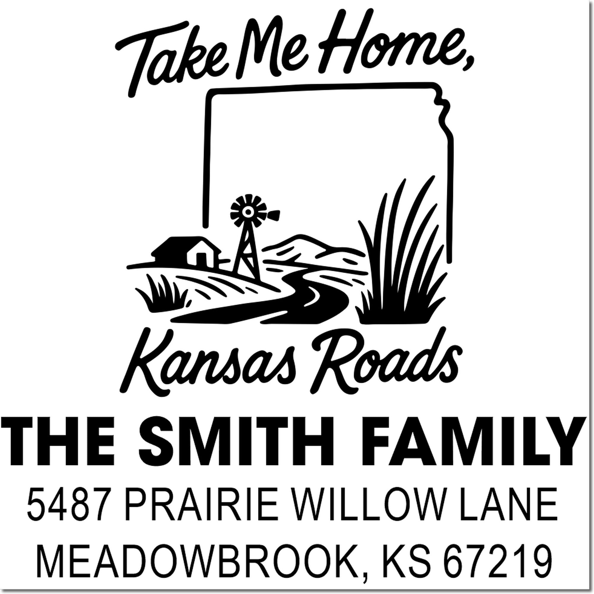 Personalized return address rubber stamp with Kansas roads design, Take Me Home, Kansas Roads, for The Smith Family.