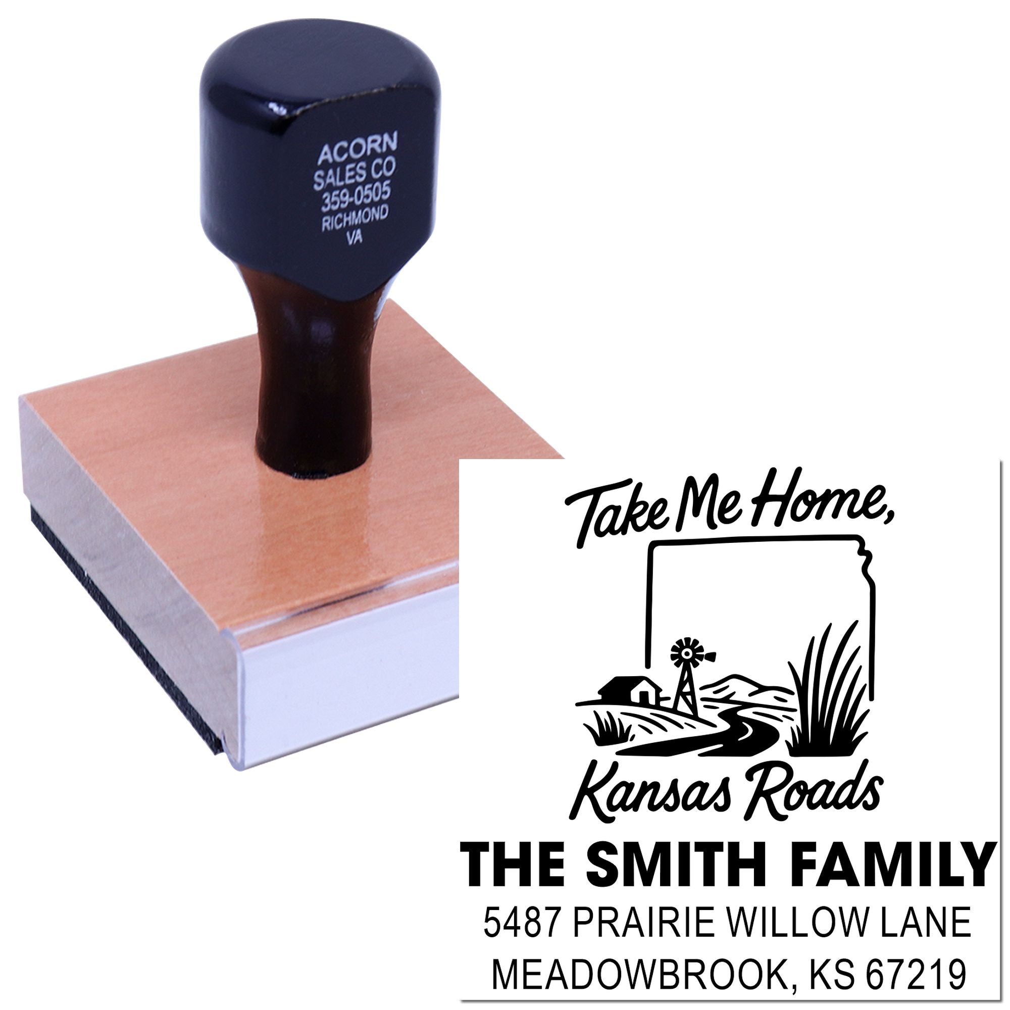 Personalized return address rubber stamp with wood mount and custom family name, Kansas Roads design for mailings.