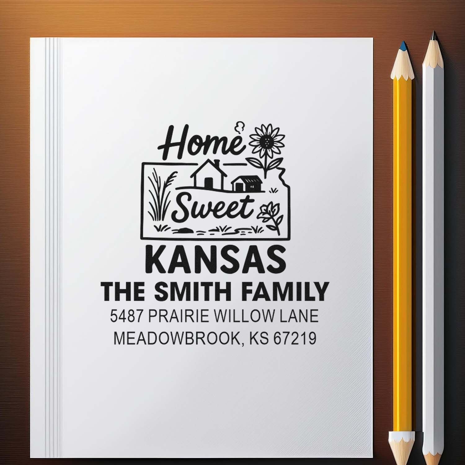 Custom return address rubber stamp design for The Smith Family in Kansas, with home graphic and Meadowbrook, KS address.