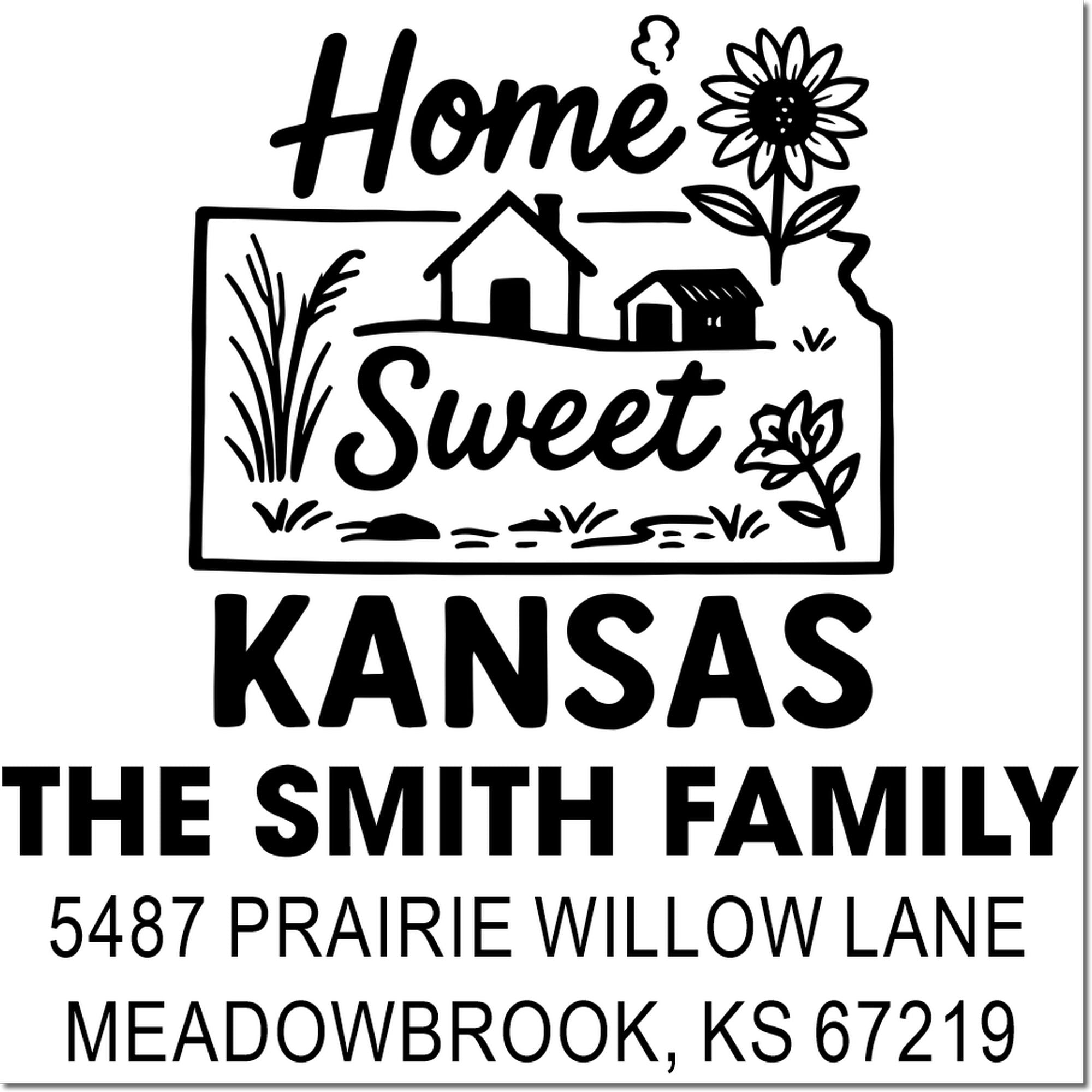 Custom Home Sweet Kansas address rubber stamp with The Smith Family return address for personalized mailing.