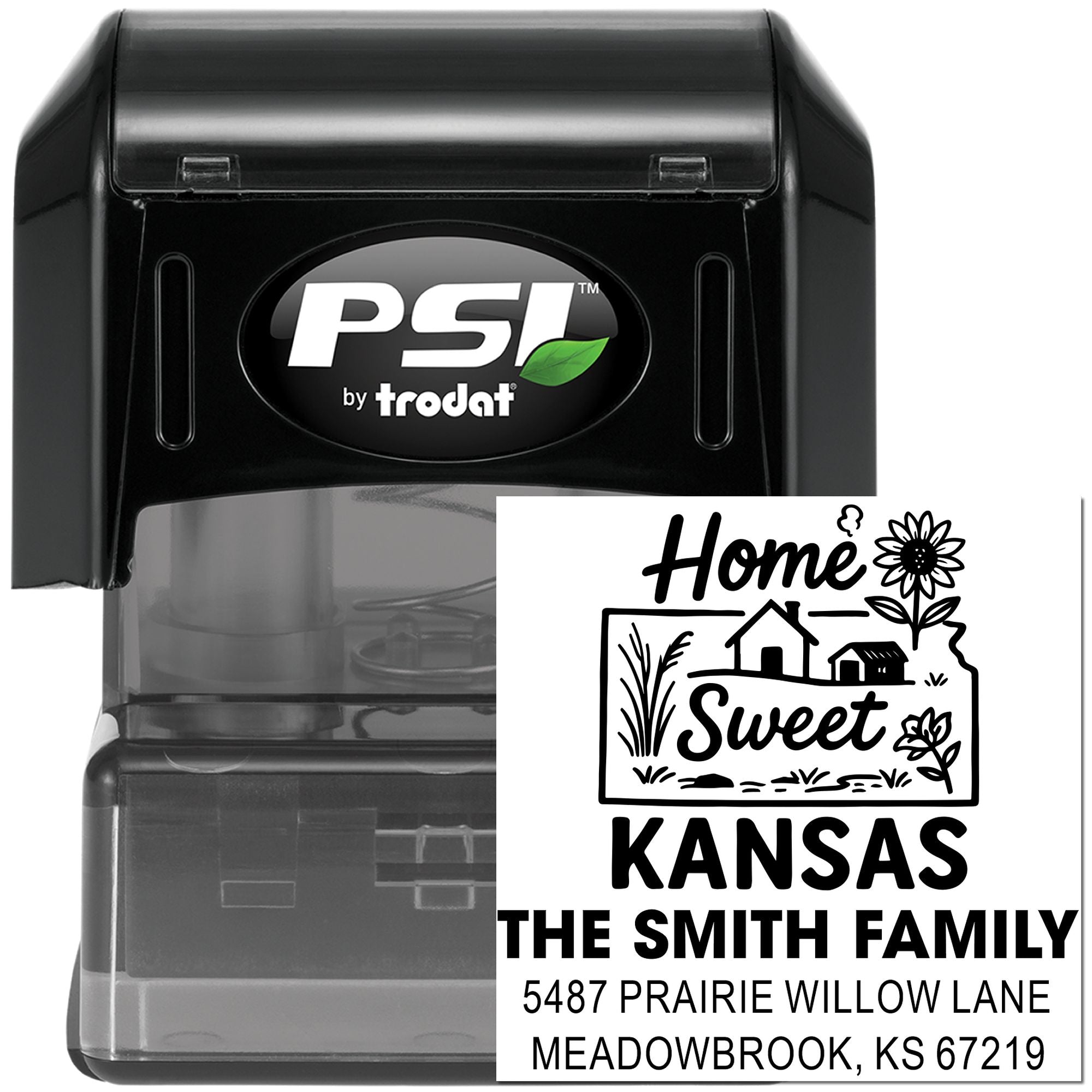 Custom self-inking PSI by Trodat rubber stamp with Home Sweet Kansas family return address design for mailing and home decor.