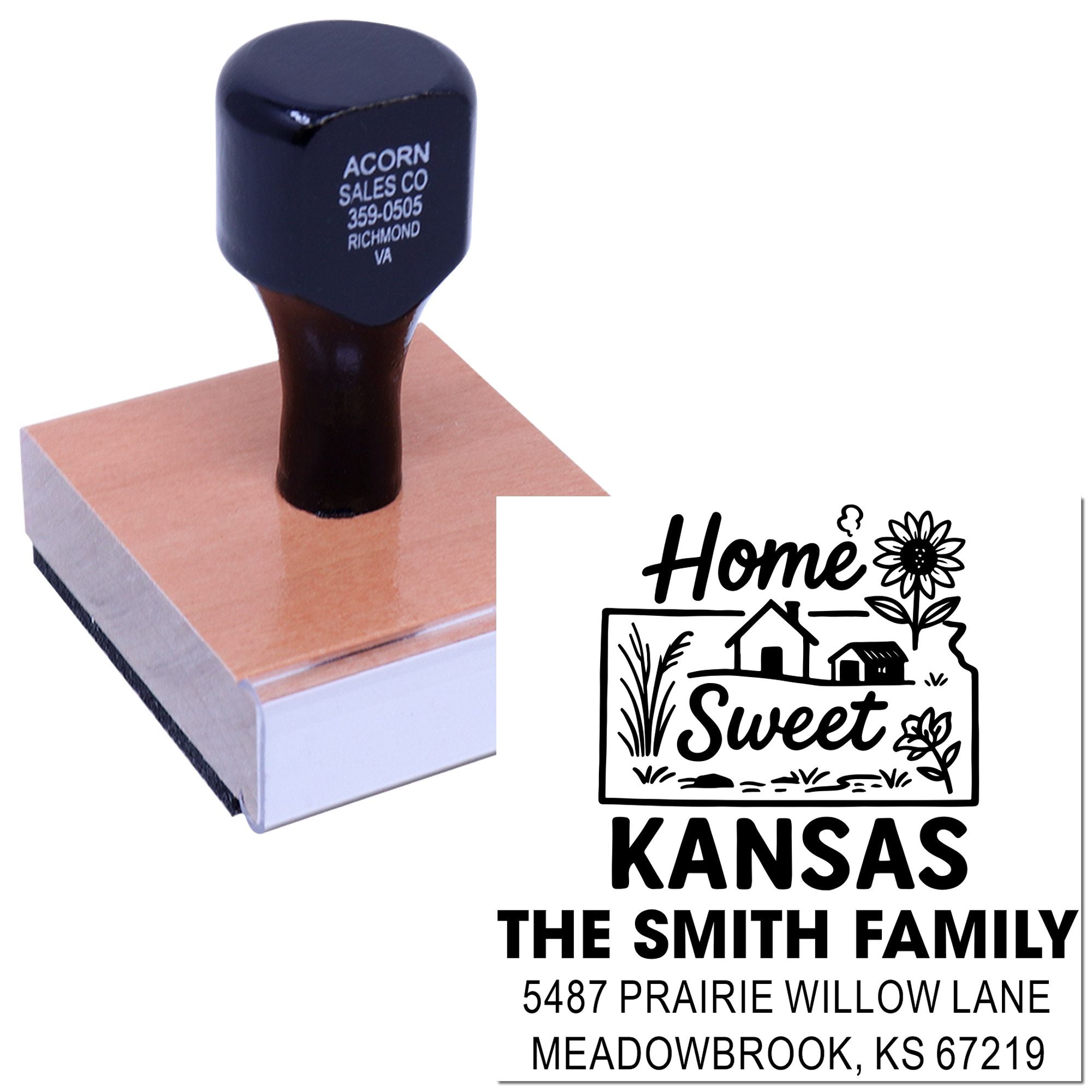 Personalized return address rubber stamp with Home Sweet Kansas family imprint and custom name and address design