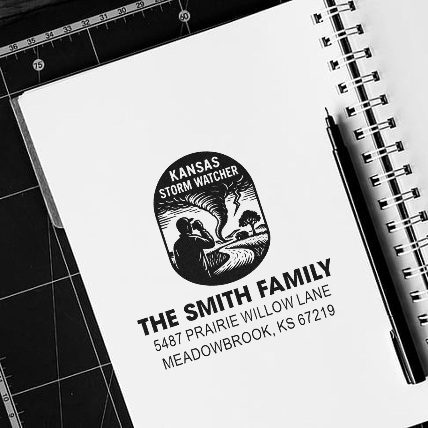 Personalized Kansas Storm Watcher return address rubber stamp for The Smith Family in Meadowbrook, KS