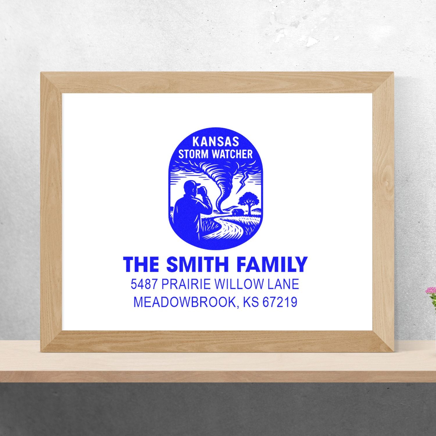 Custom Kansas storm watcher family address rubber stamp with tornado graphic for The Smith Family, Meadowbrook, KS.