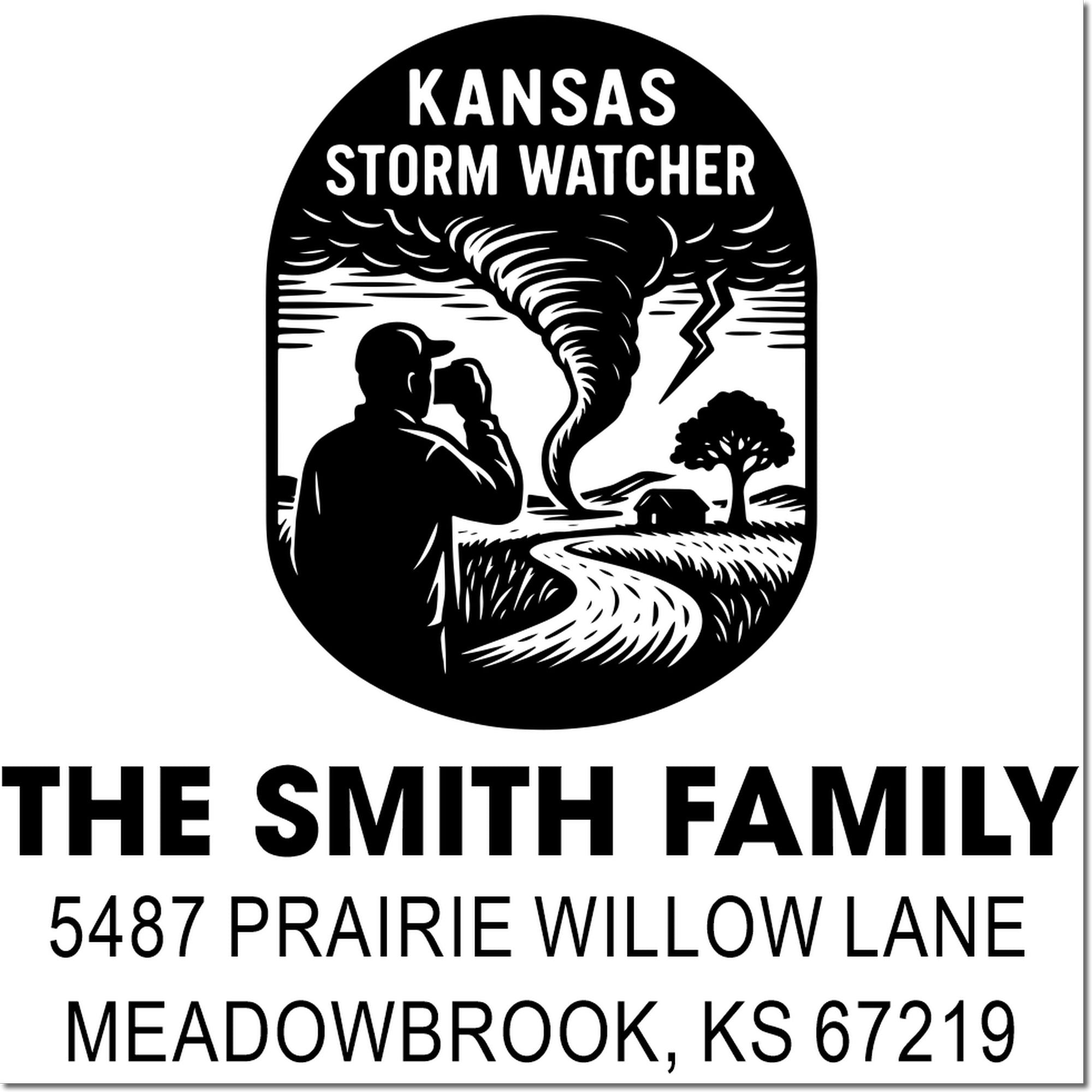 Personalized Kansas storm watcher family return address rubber stamp with tornado graphic and Meadowbrook, KS 67219.