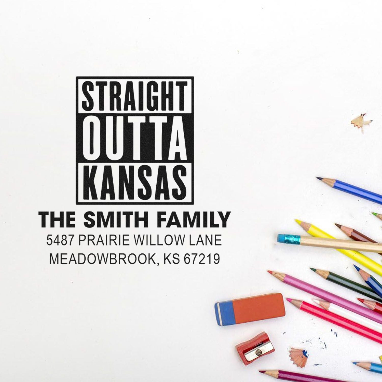 Custom rubber stamp reading Straight Outta Kansas with The Smith Family address, ideal for personalized mailing and craft use.