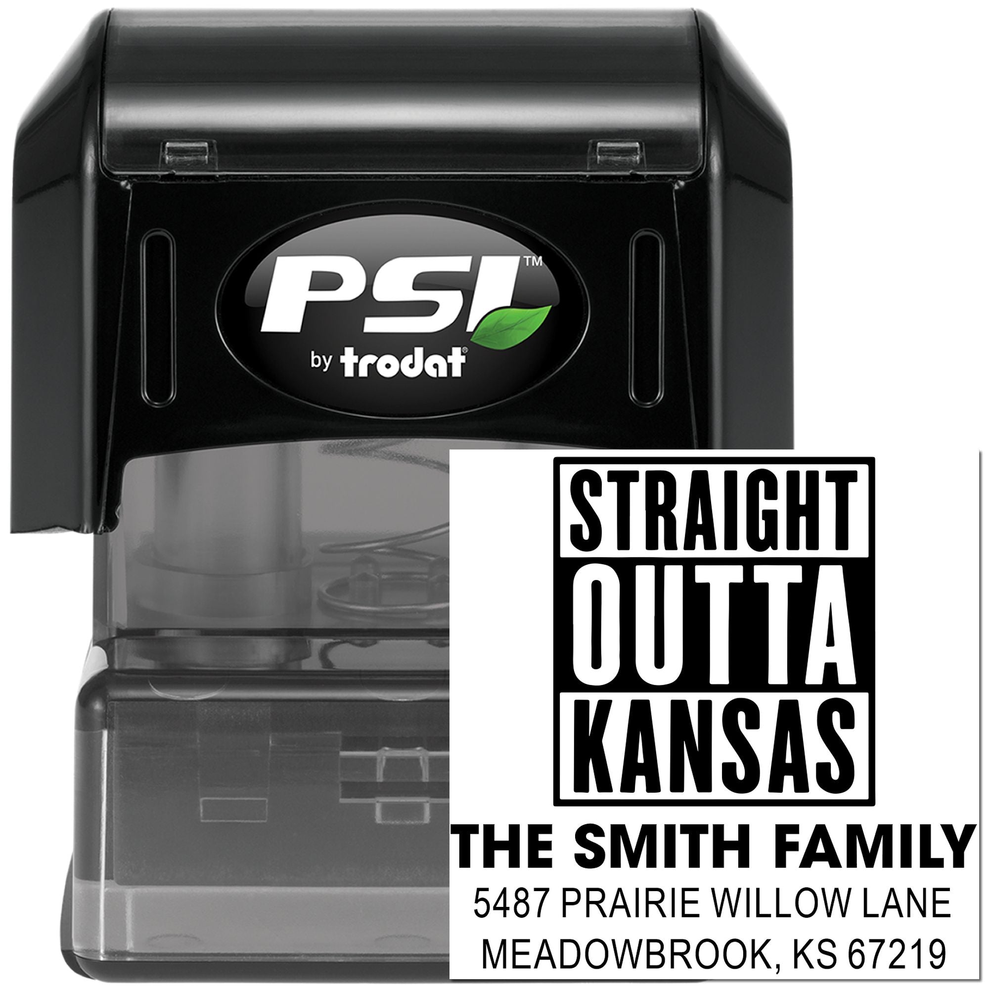 PSI by Trodat self-inking custom address rubber stamp with Straight Outta Kansas return address design.