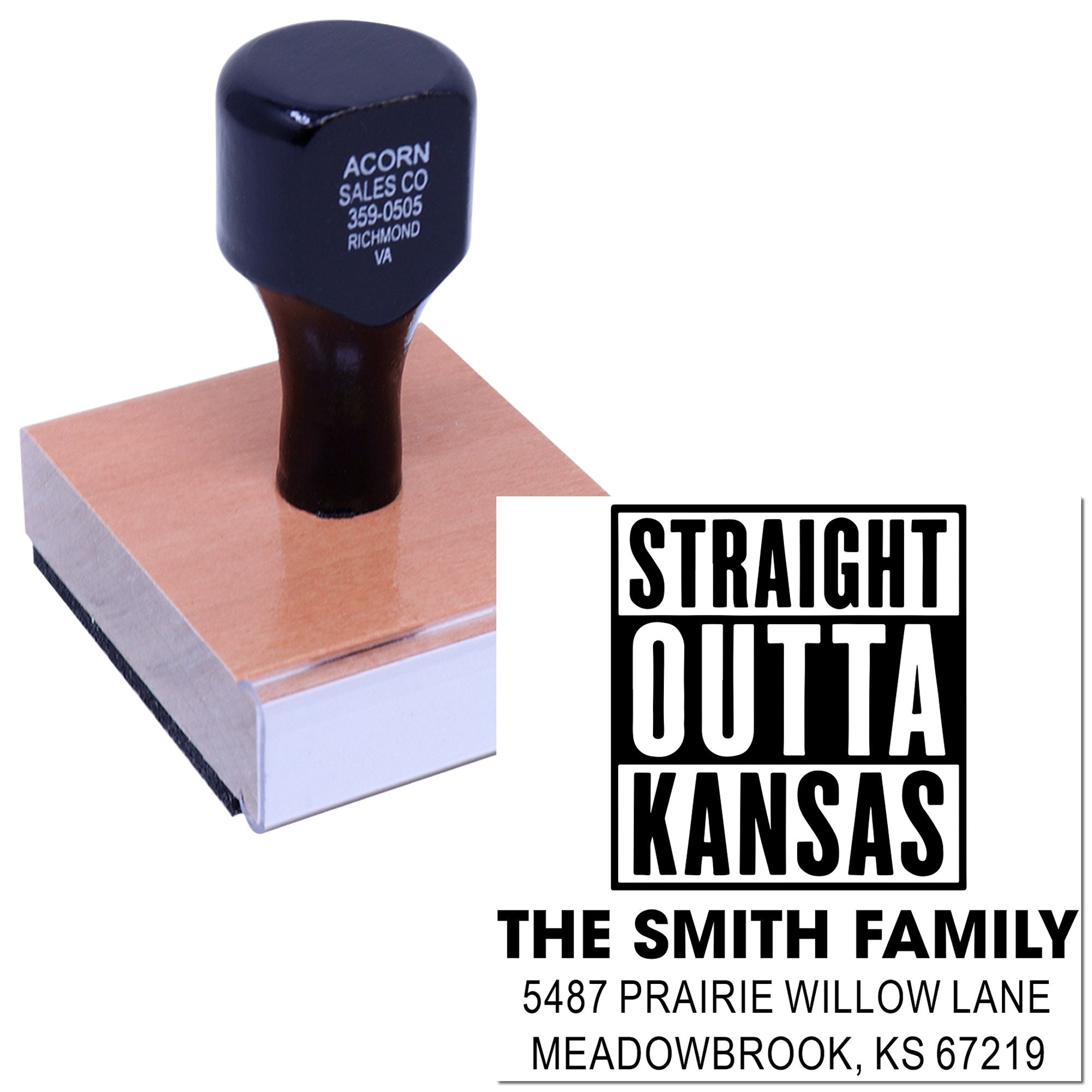 Custom rubber address stamp with Straight Outta Kansas design and personalized Smith family return address.