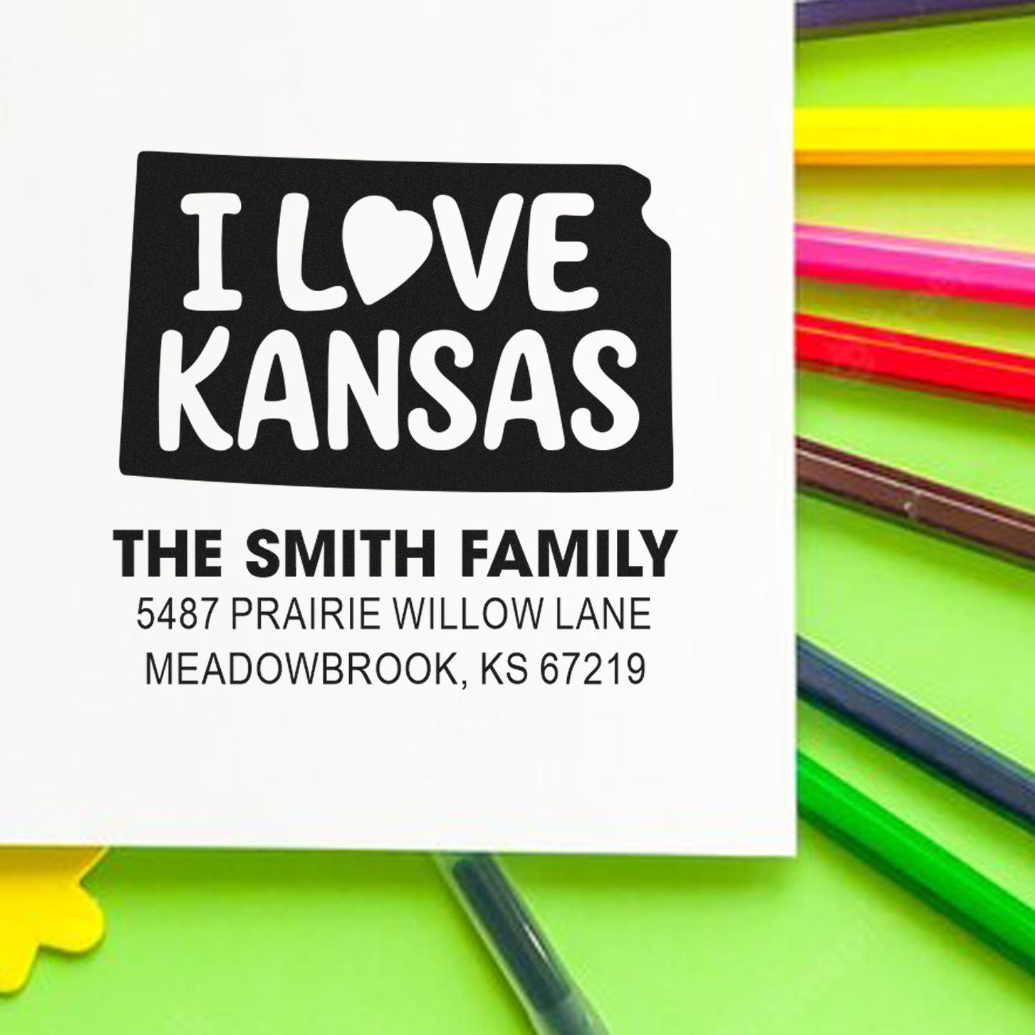 Custom rubber address stamp with I Love Kansas design for The Smith Family, featuring name and mailing address.