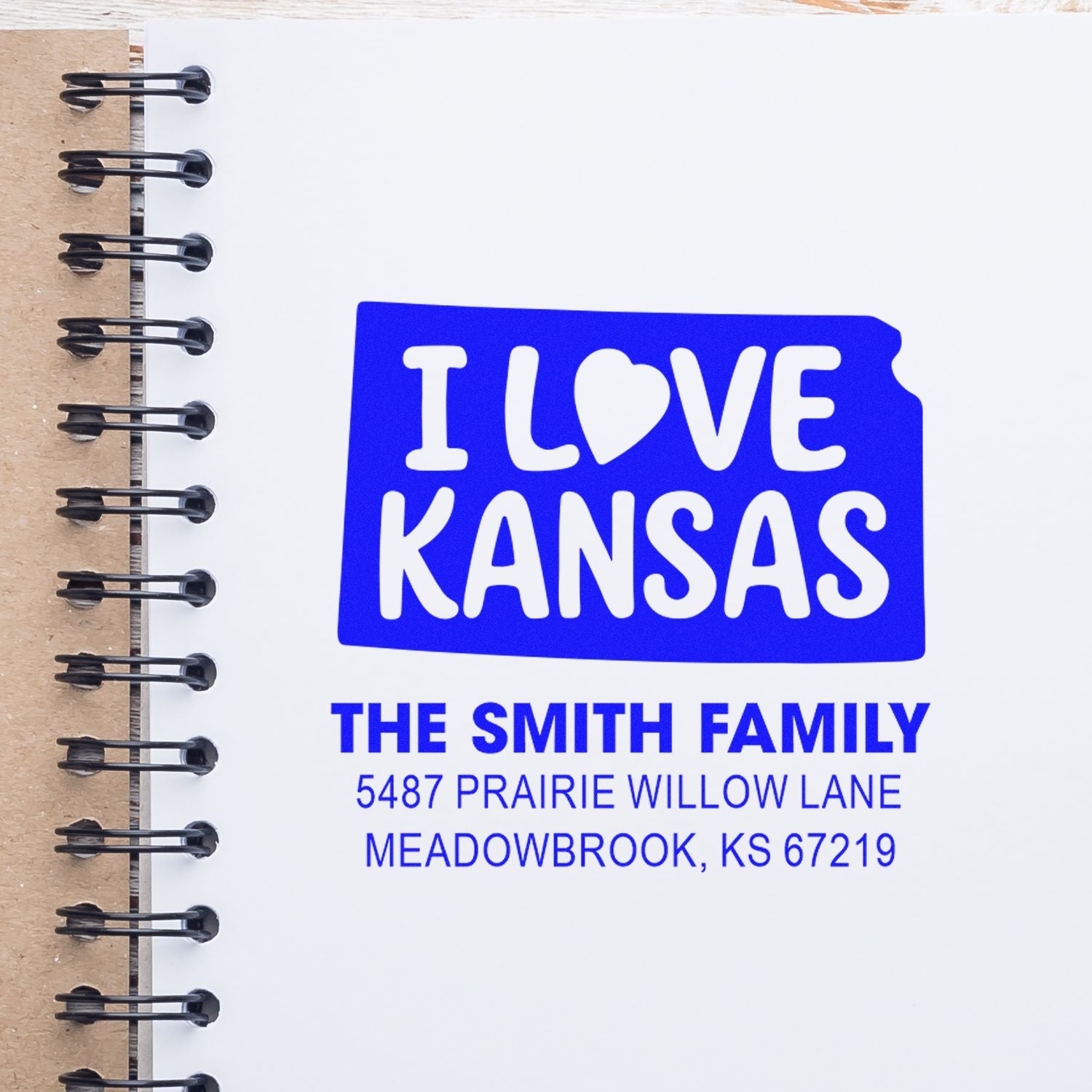 Custom I Love Kansas return address rubber stamp with family name and mailing address for envelopes.