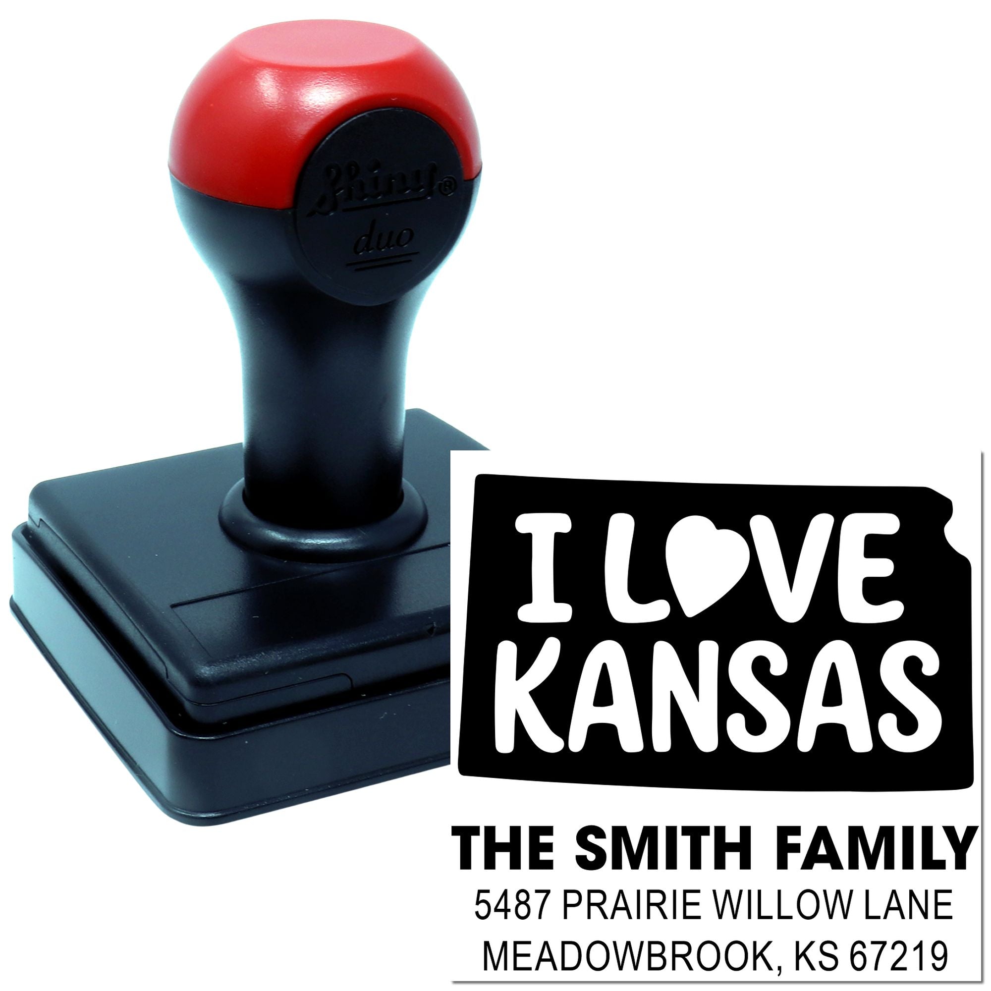 Custom self-inking return address rubber stamp with I Love Kansas design for The Smith Family.