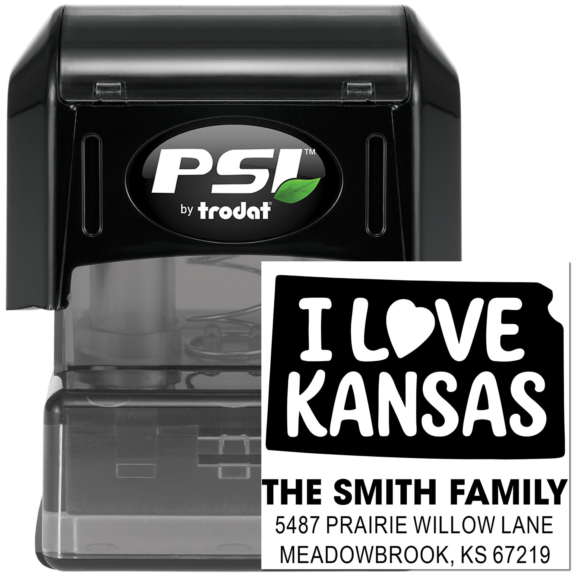 PSI by Trodat self-inking rubber stamp with custom Kansas address design for The Smith Family
