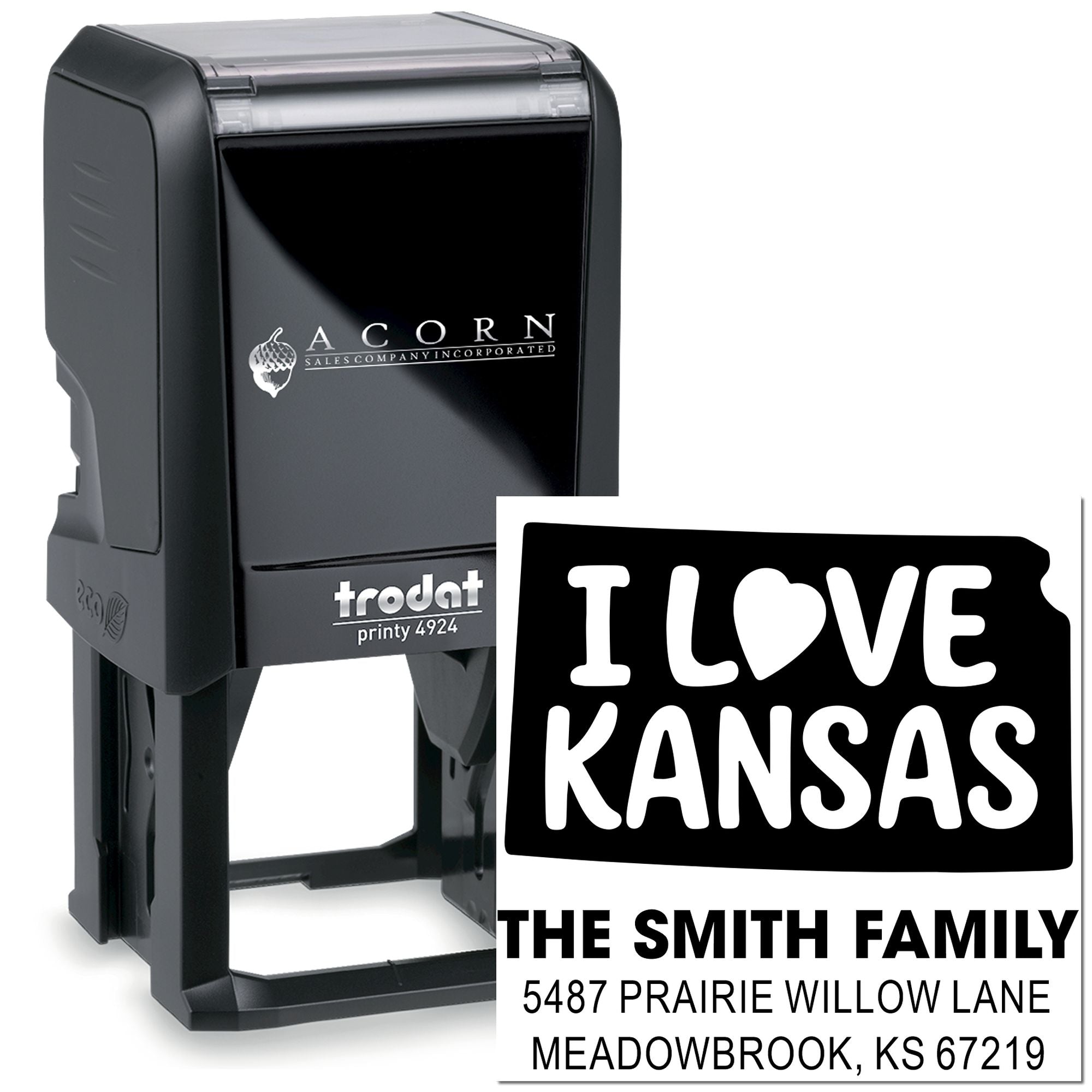 Custom self-inking return address rubber stamp with I Love Kansas design for personalized family mailings.