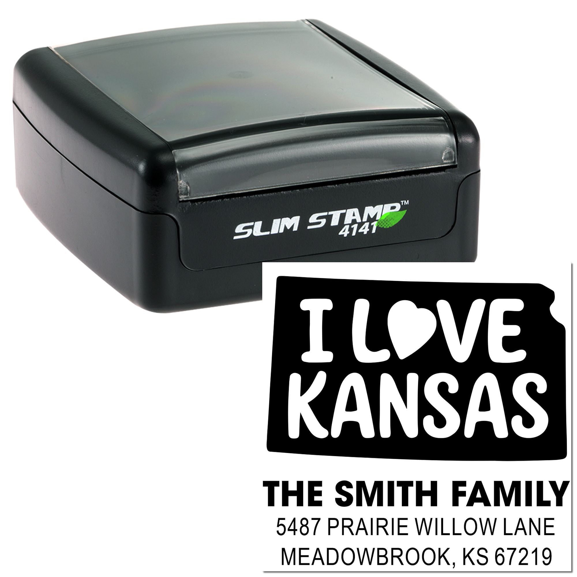 Custom self-inking rubber address stamp featuring I Love Kansas design and Smith family return address.