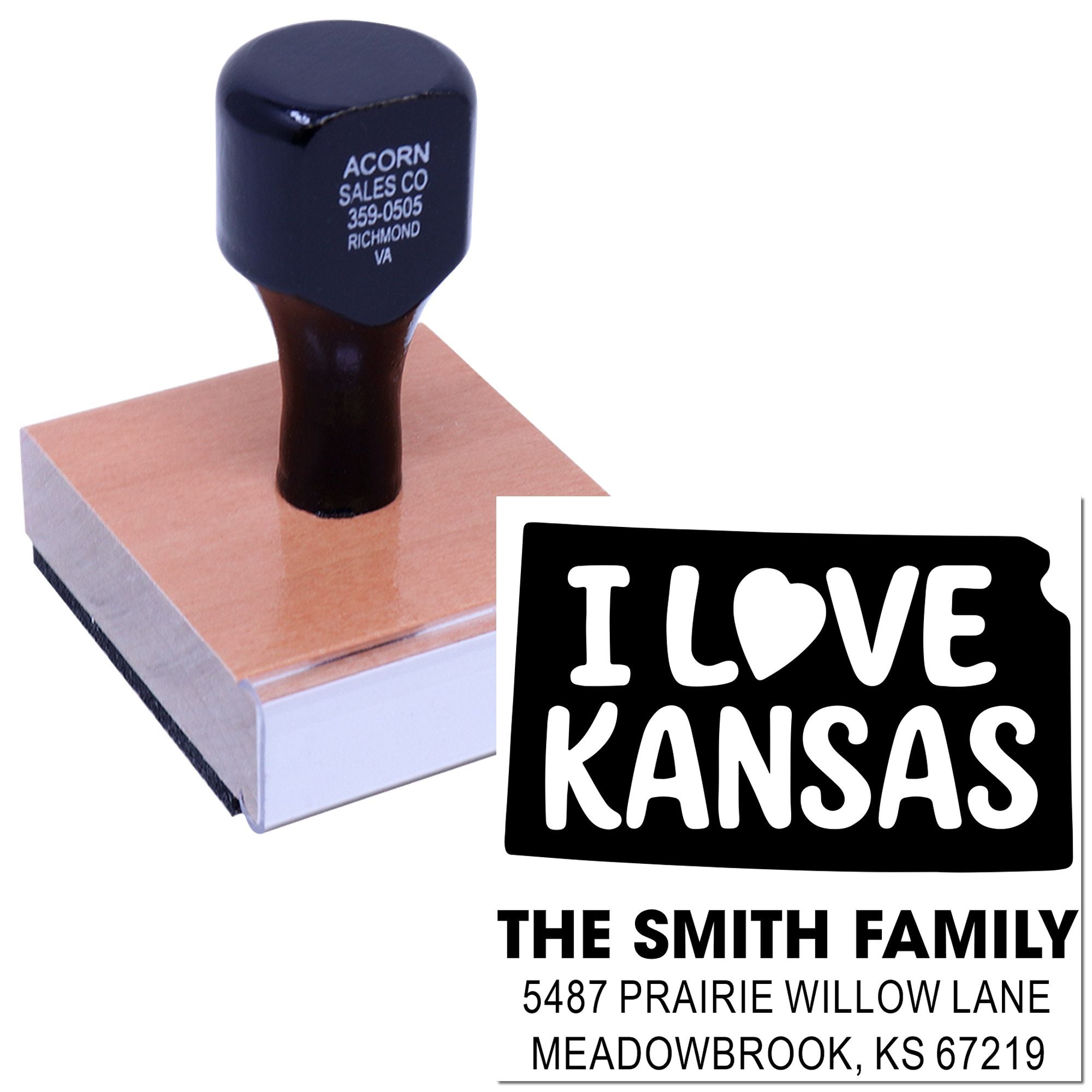 Custom personalized rubber stamp with I Love Kansas design and Smith Family return address imprint.